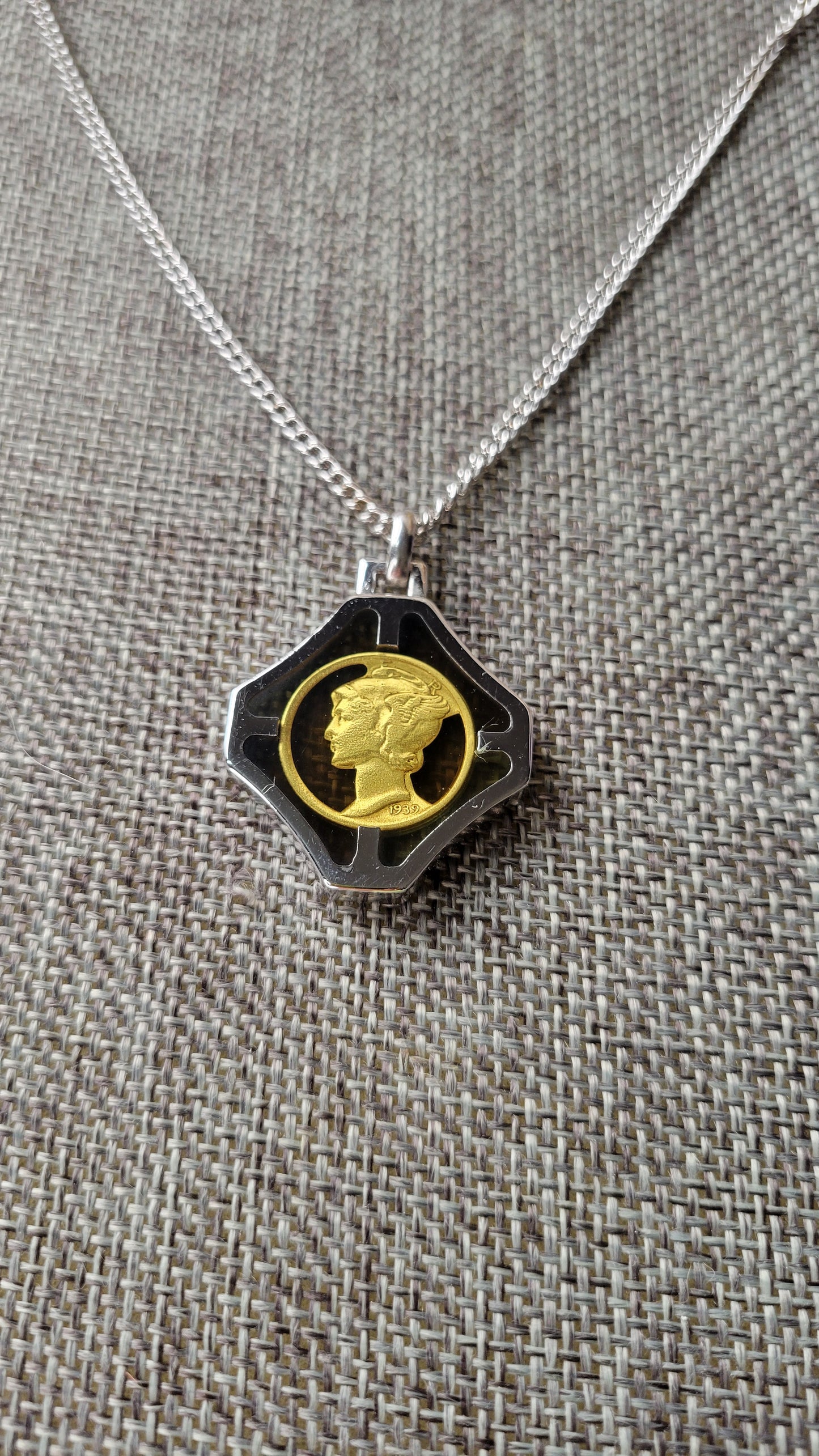 Gilded Mercury dime cut-out in resin pendant necklace on 18" silver-tone chain