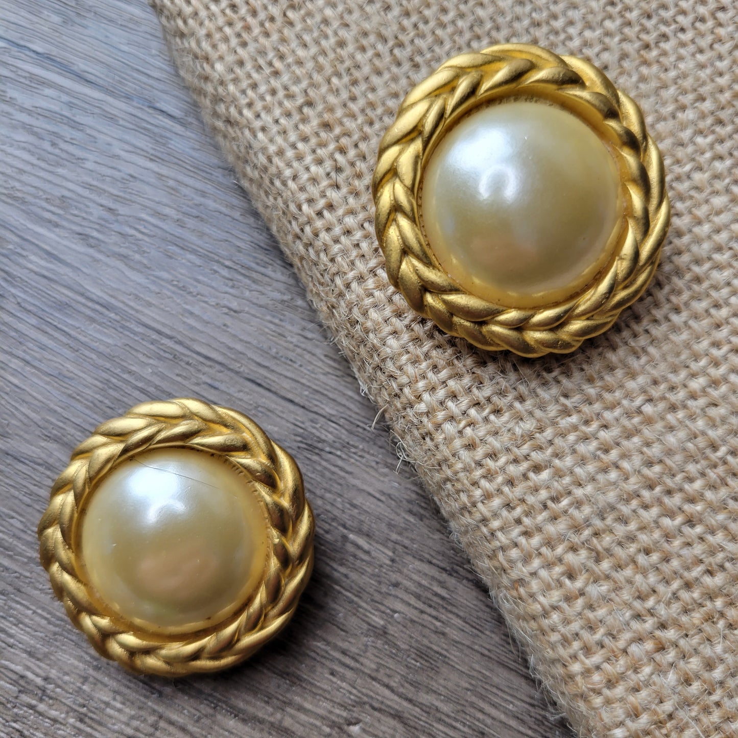 1980s glam clip-on earrings faux pearl and matte gold-tone laurel wreath button style