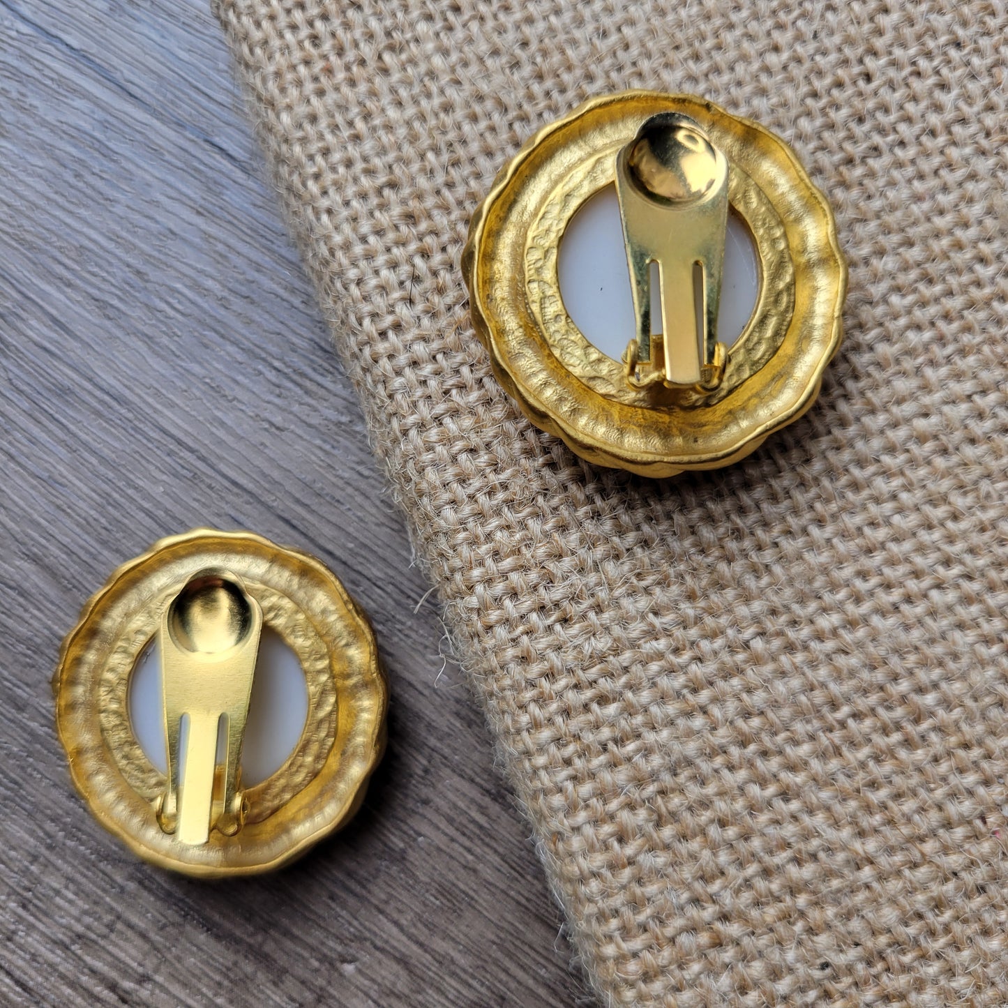 1980s glam clip-on earrings faux pearl and matte gold-tone laurel wreath button style