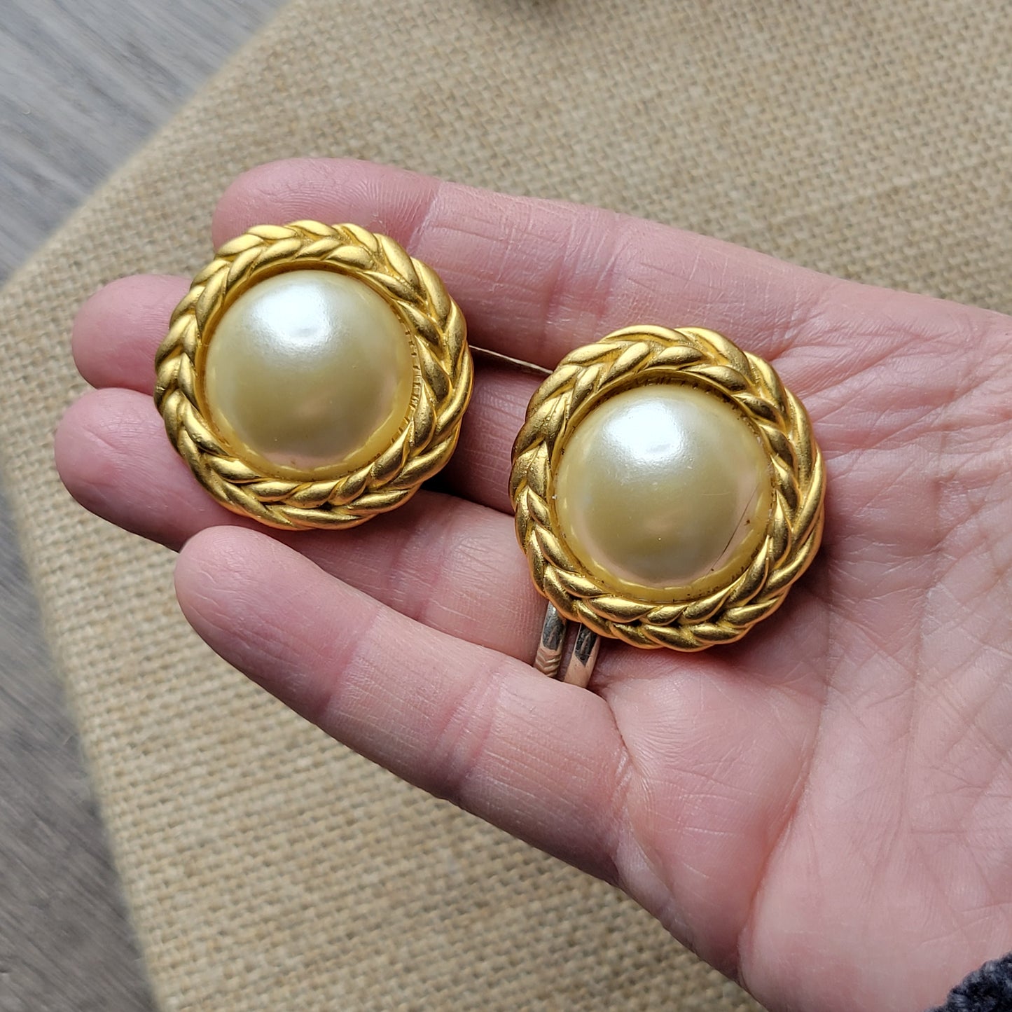 1980s glam clip-on earrings faux pearl and matte gold-tone laurel wreath button style