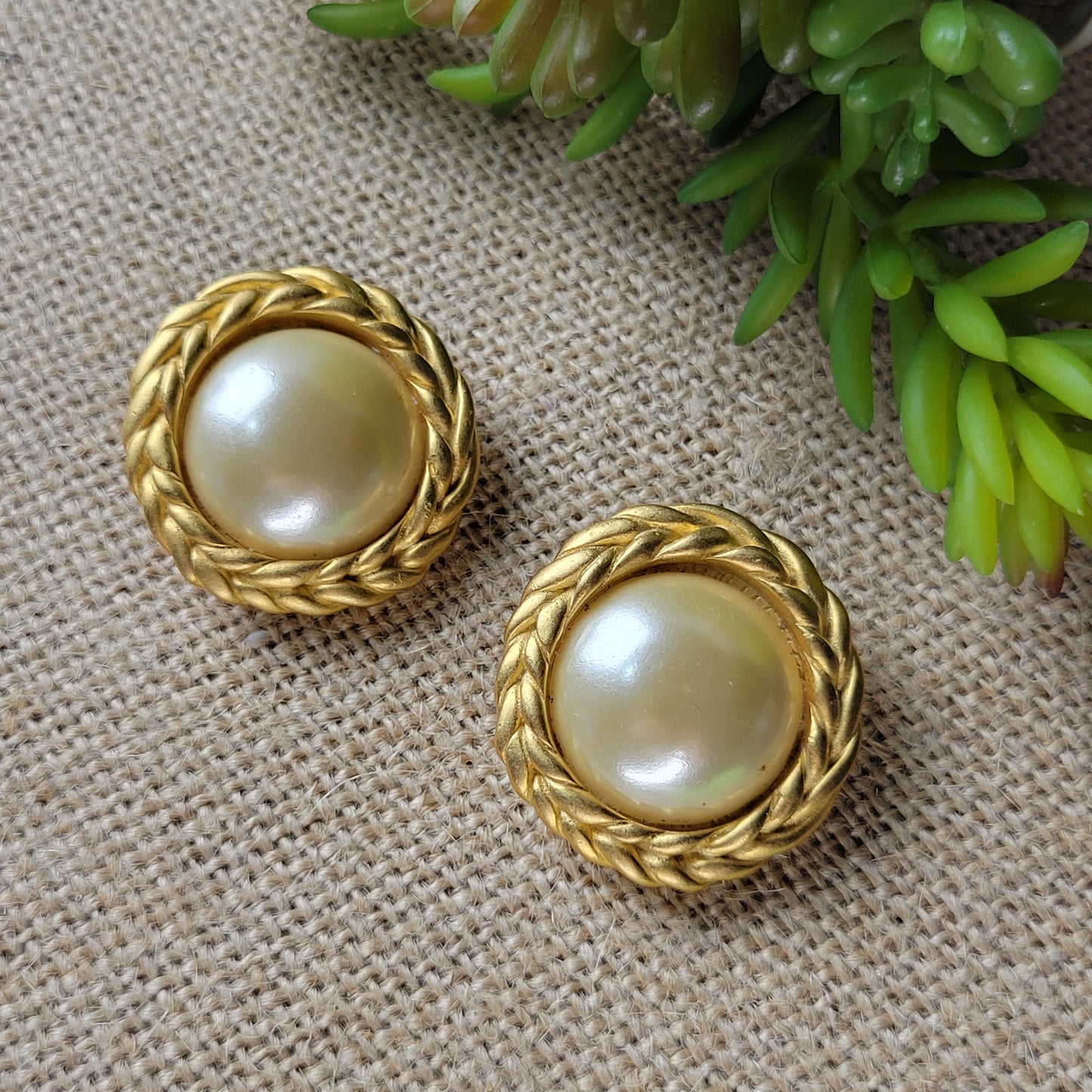 1980s glam clip-on earrings faux pearl and matte gold-tone laurel wreath button style