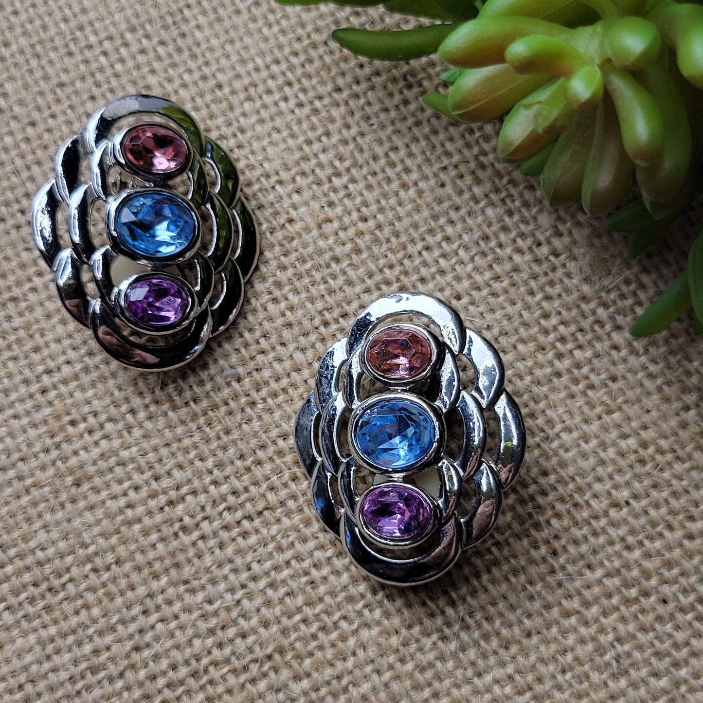 Art Deco Revival earrings silver-tone and pastel rhinestones clip-ons 1980s