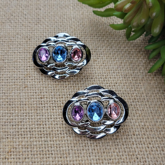 Art Deco Revival earrings silver-tone and pastel rhinestones clip-ons 1980s