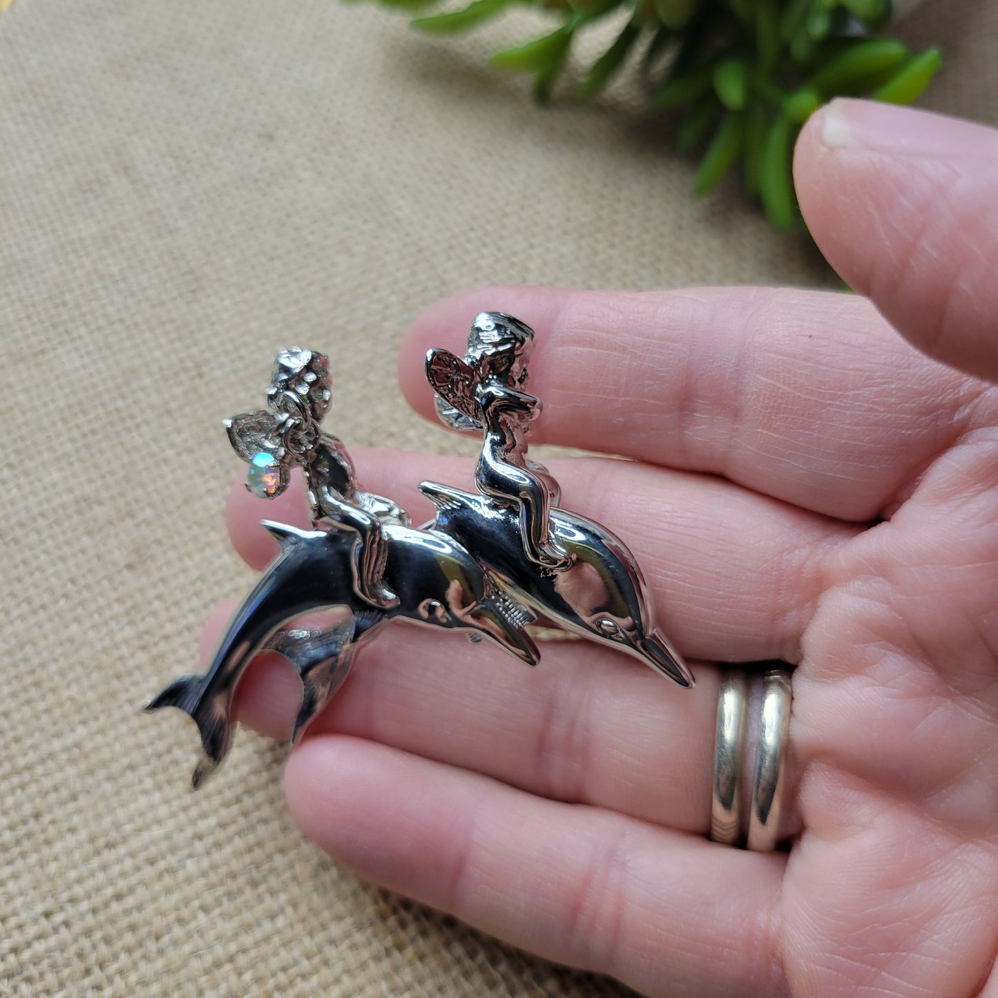 Kirk's Folly Cherubs riding dolphins brooch Water Babies silver tone