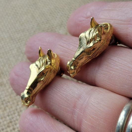 Horse head pierced earrings, glam 1990s equestrian style, gold-tone finish