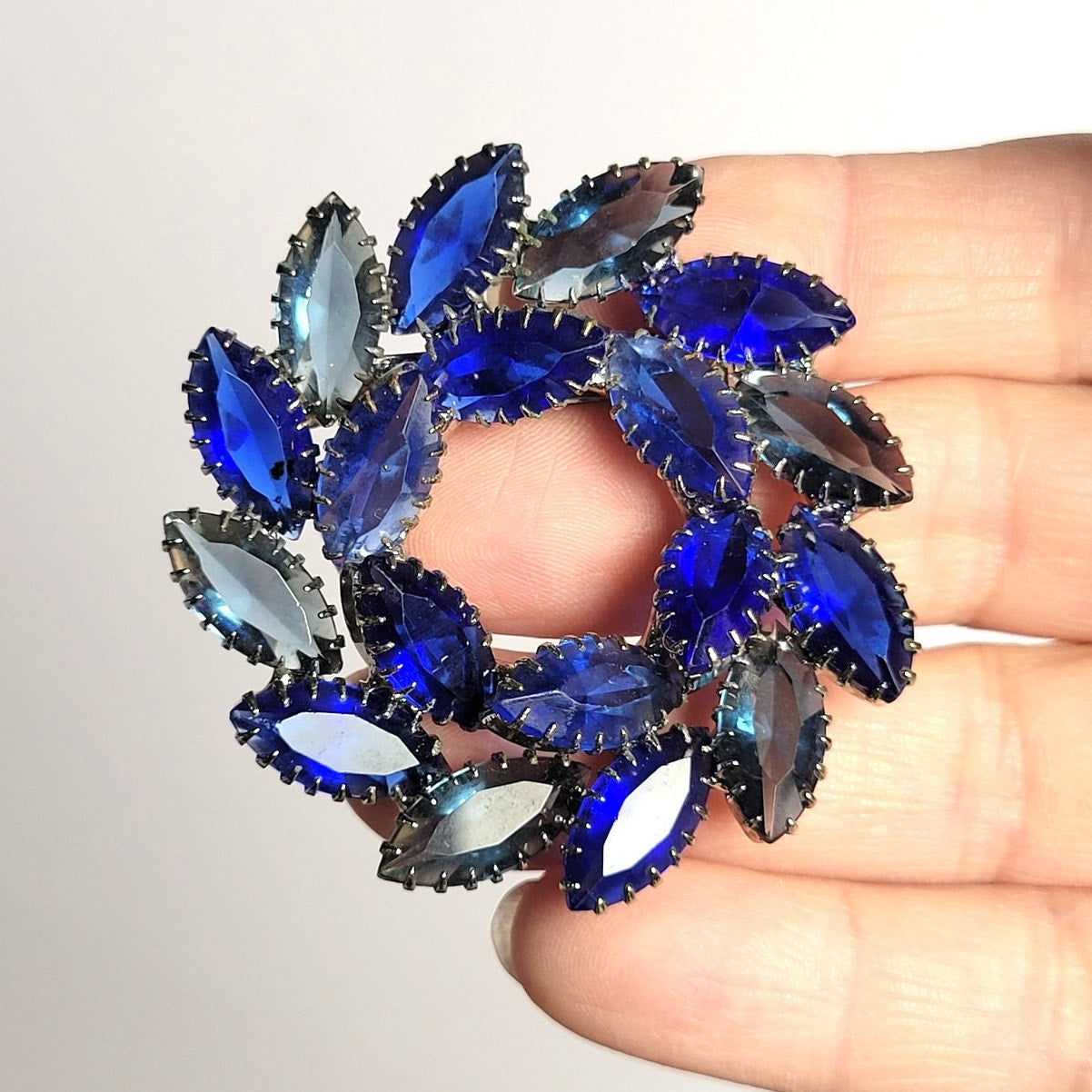 Blue Rhinestone Brooch, Huge Blue Glass Rhinestones popular Brooch, Incredible Facets on the Bottom!