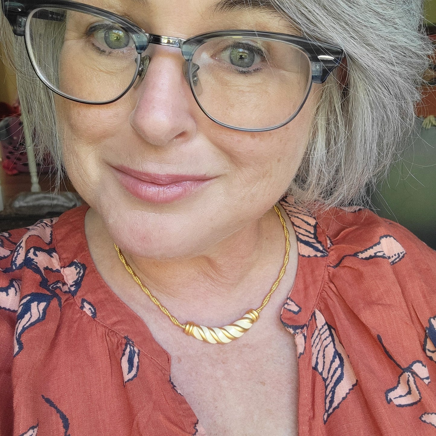 Anne Klein necklace matte gold twist chain white enamel crescent 1990s vintage