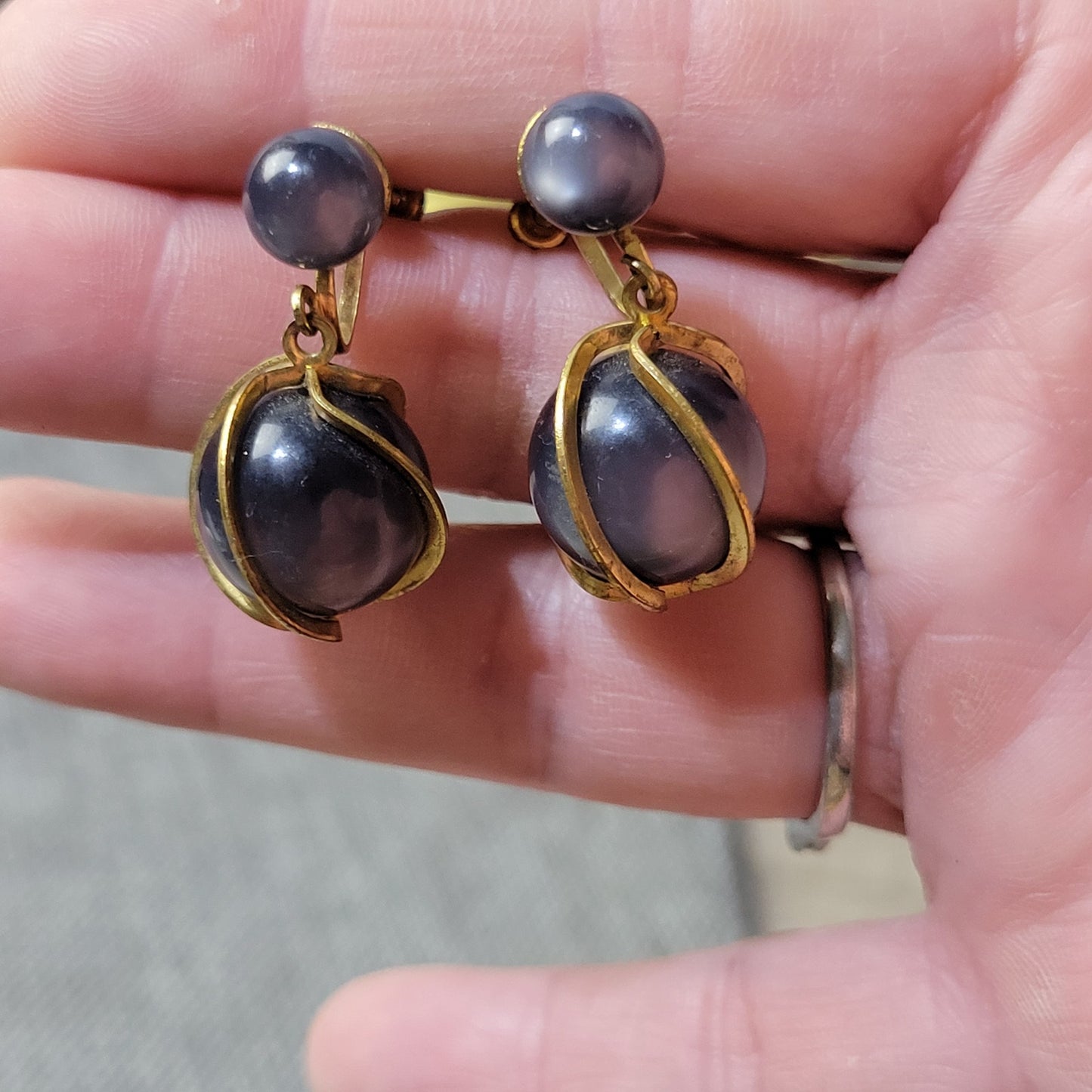 Moonglow Lucite dark gray caged screw back earrings vintage MCM minimalist