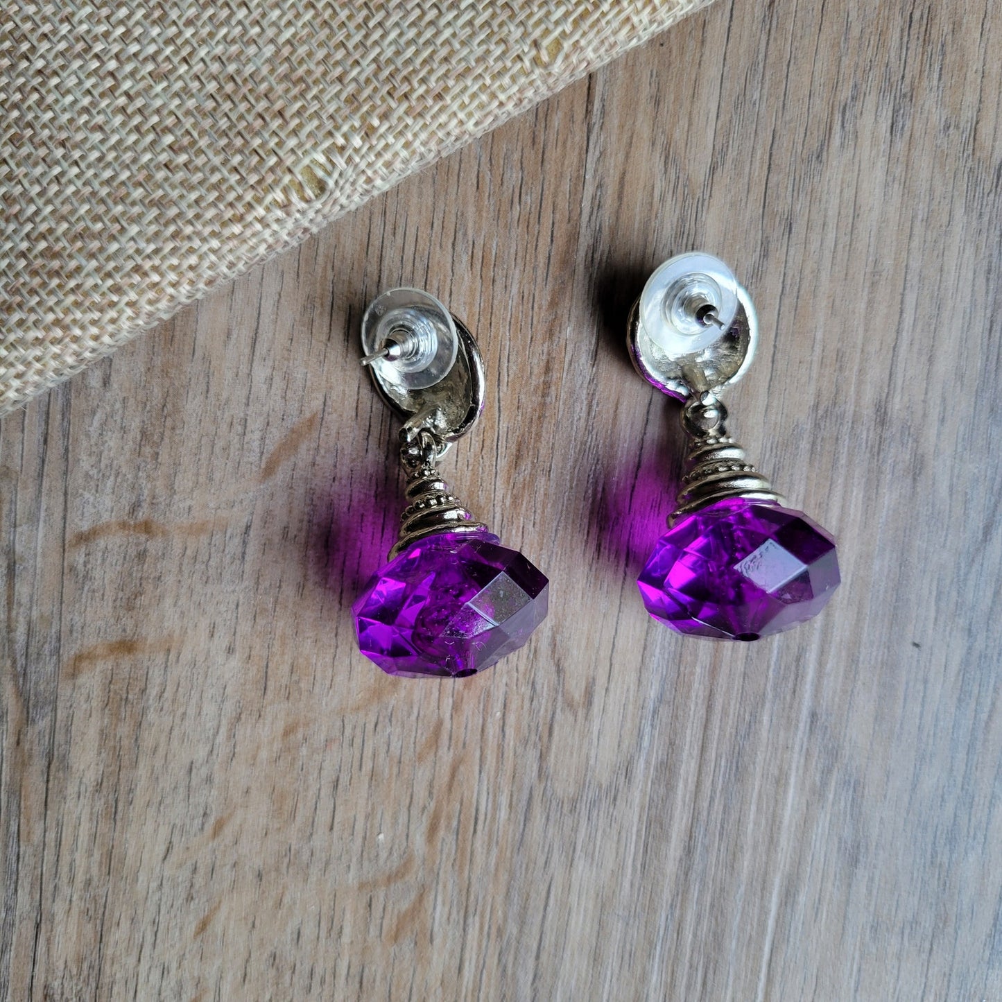 1980s pierced earrings purple acrylic drops with silver-tone and rhinestones
