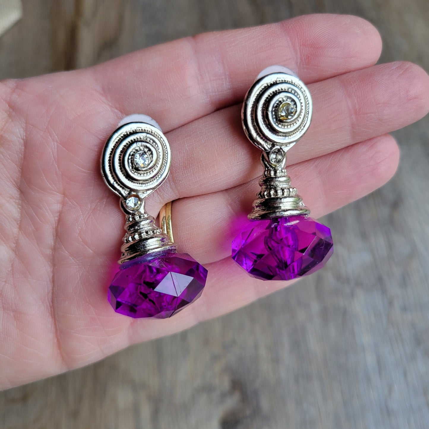 1980s pierced earrings purple acrylic drops with silver-tone and rhinestones