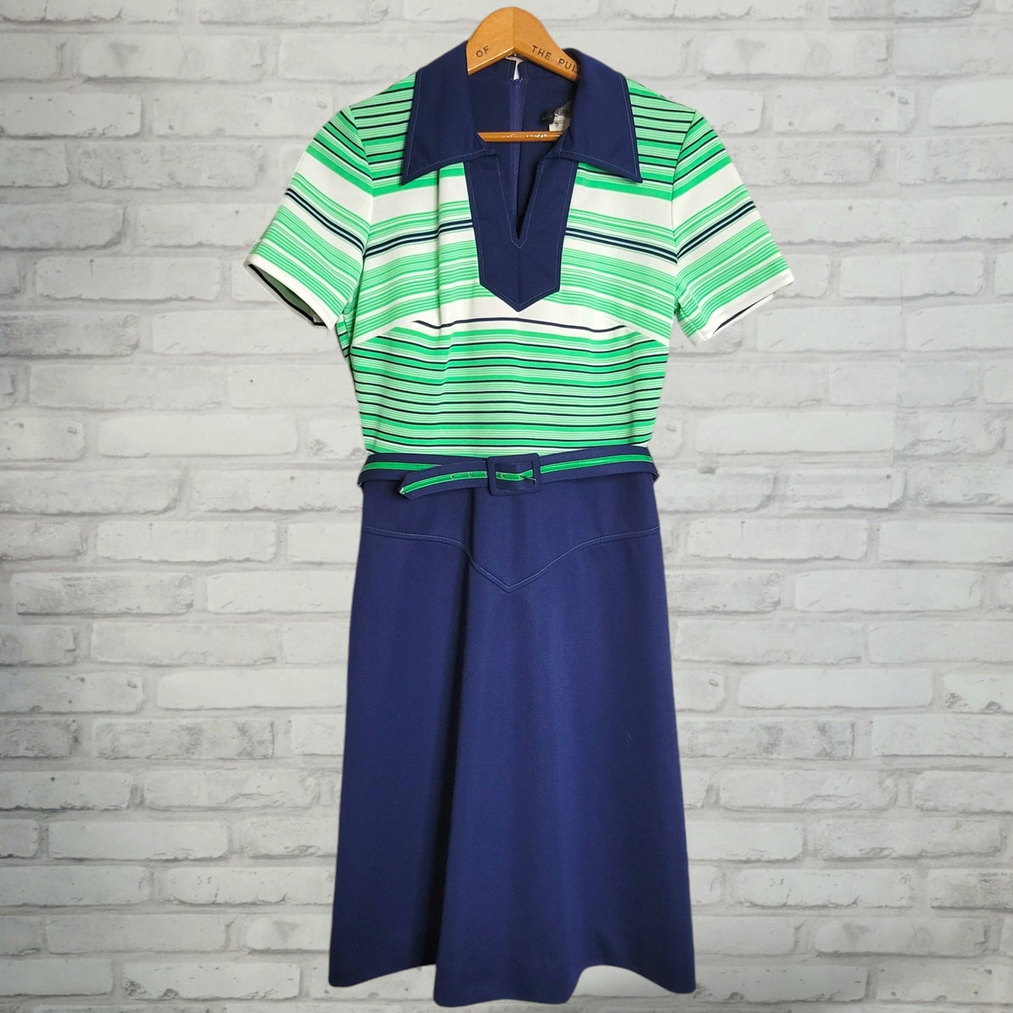 Vintage 2-piece dress jacket set in sporty navy blue green stripe sz 16 Jerrie Lurie