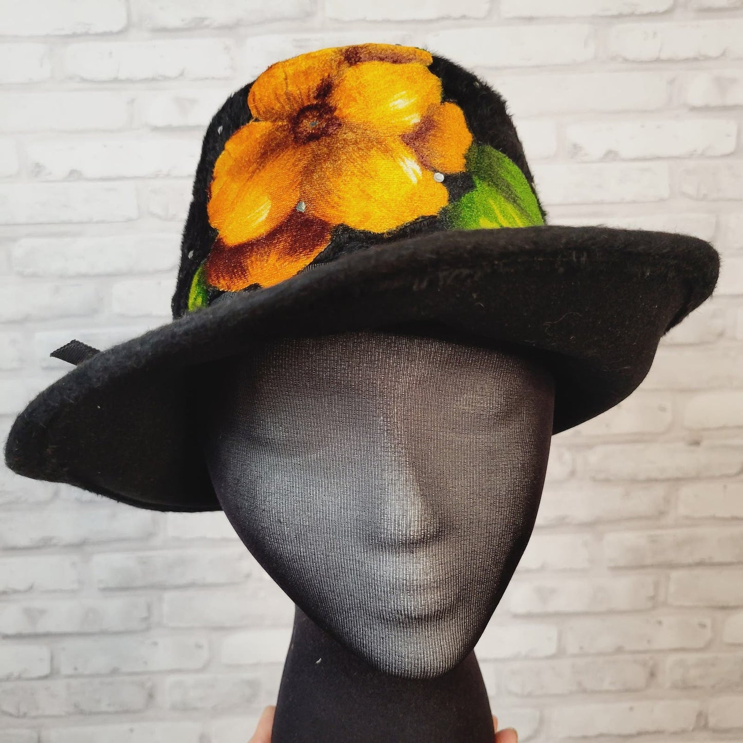 1960s women's hat, black plush with gold velour flower appliques and rhinestones, 22 inches