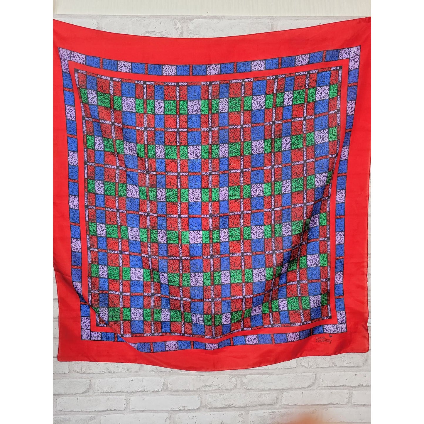 Sarah Coventry red blue purple green geometric square scarf polyester made in Italy vintage 1970s