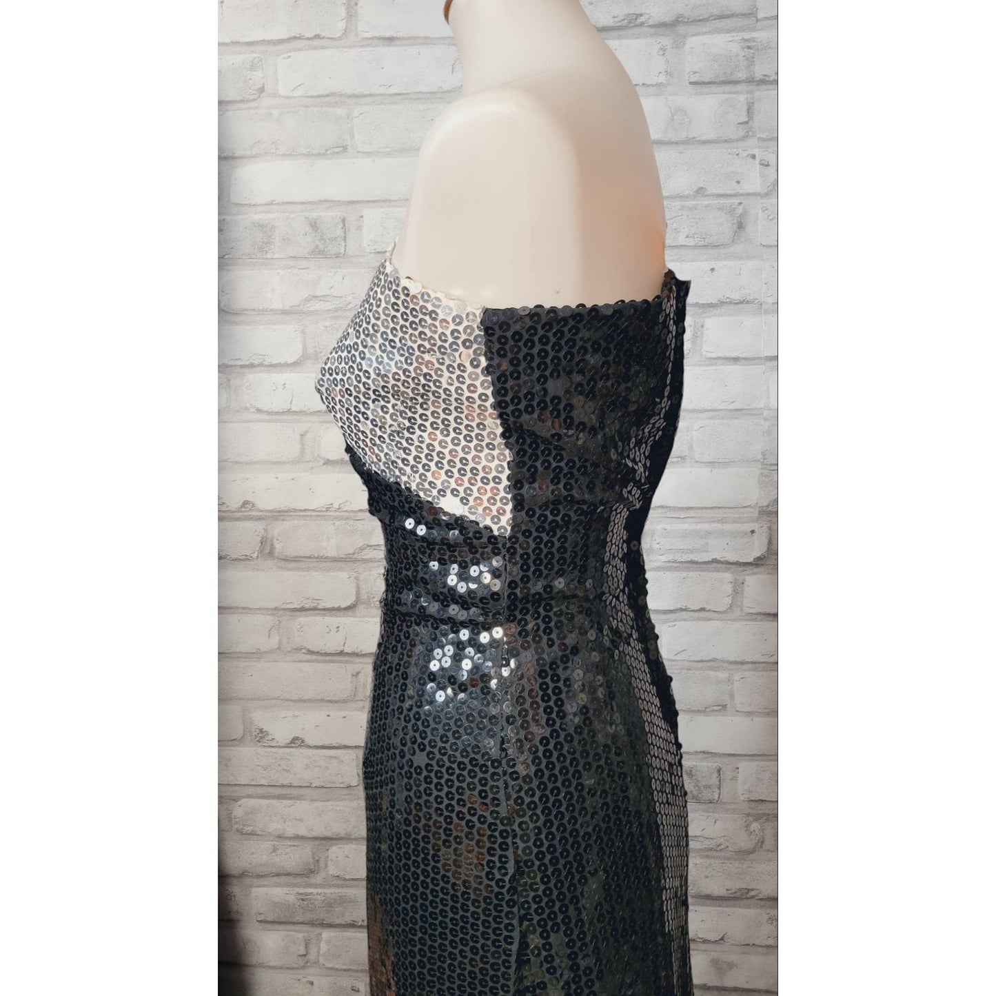 Alyce Designs 1980s sequin evening gown prom dress, one shoulder, black and white, silver, vintage size 6, XS 30 bust