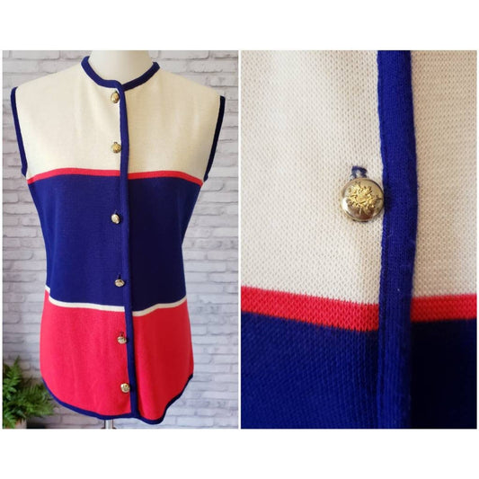 Vintage knit vest button front red white and blue colorblock, 38 bust, 1970s patriotic retro get out the vote