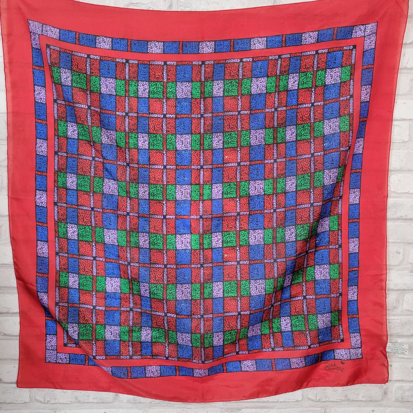 Sarah Coventry red blue purple green geometric square scarf polyester made in Italy vintage 1970s