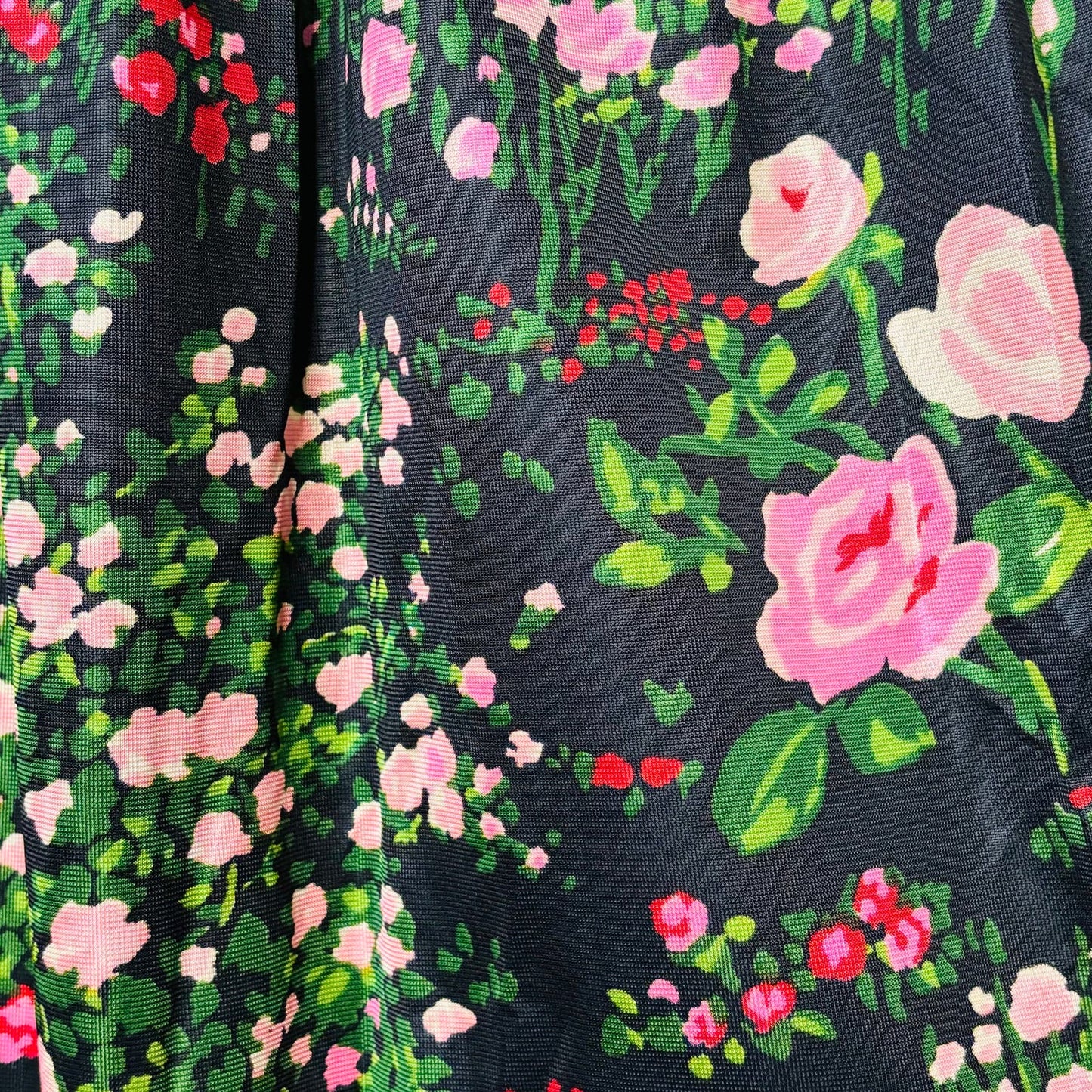 Miss Eileen 1970s nylon maxi dress, mod black floral, long gown, hostess lounge dress, size 8