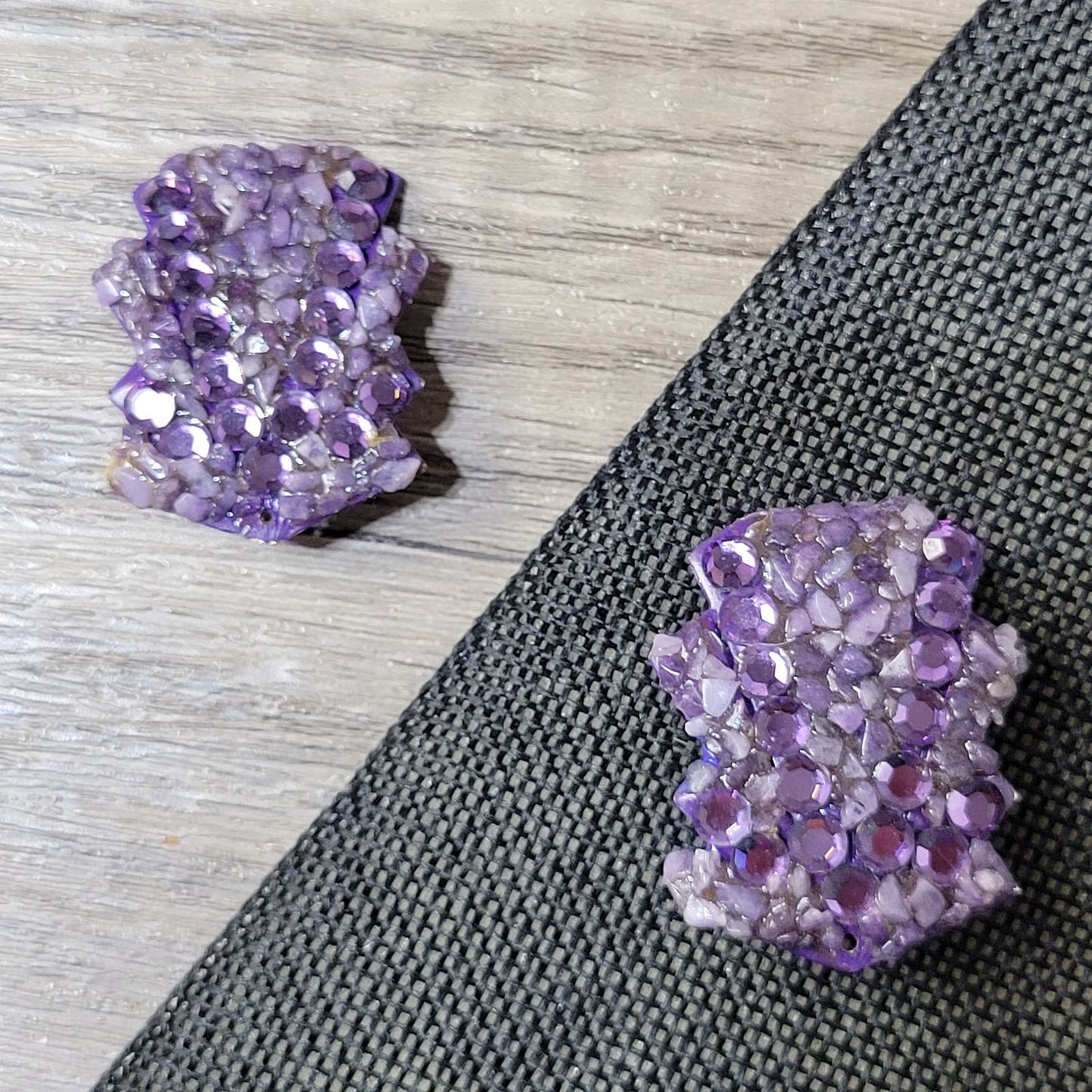 1980s Art Deco revival jeweled pierced earrings, amethyst stone chips and purple acrylic,