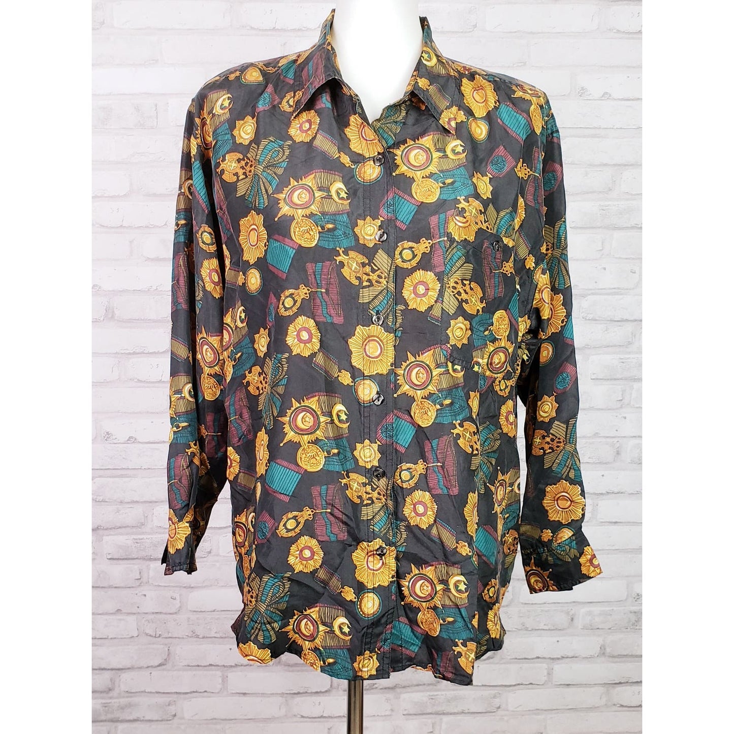 80s blouse size Medium baroque medals and ribbons silk print, vintage navy blue loose fit button front womens shirt