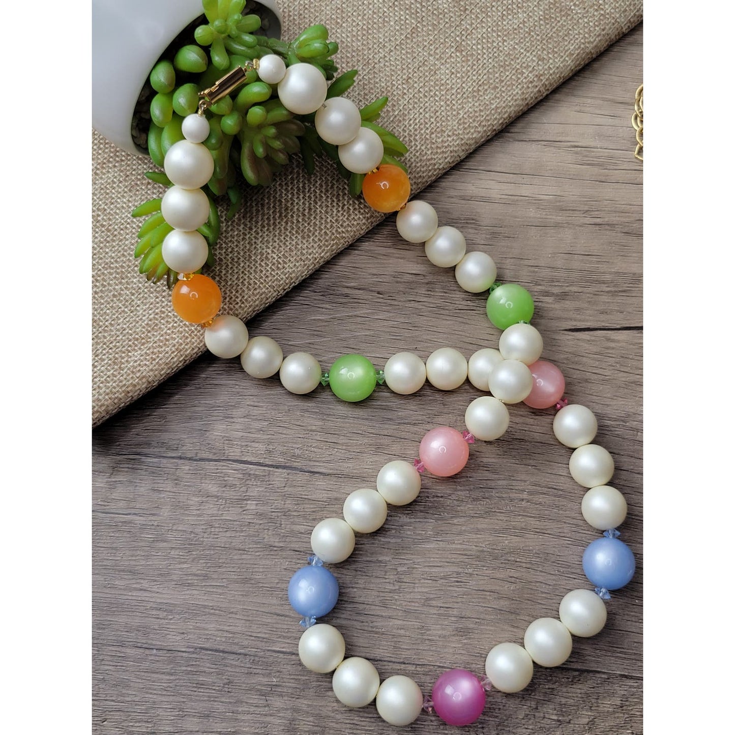 Vintage pastels moonglow lucite faux pearl and crystal necklace, 1960s deadstock jewelry
