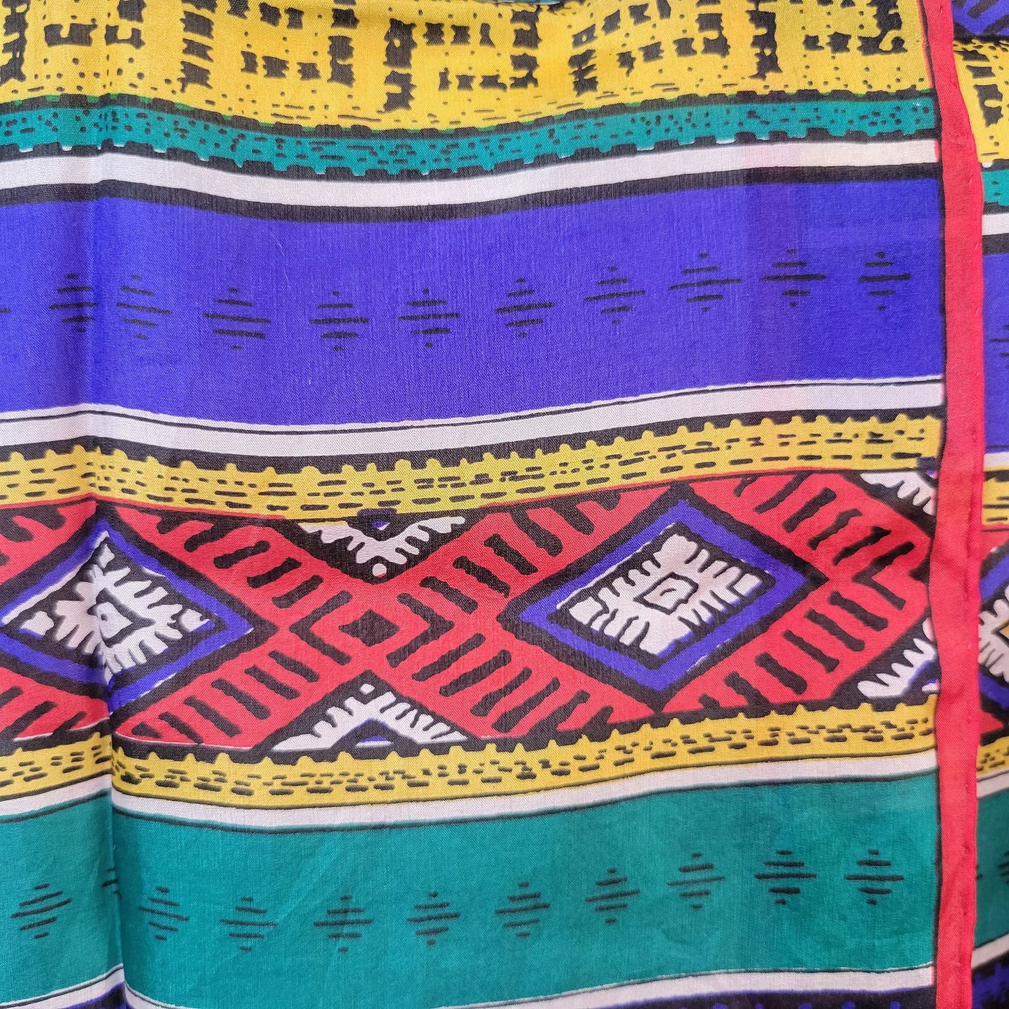 Oblong silk scarf, bright Southwest geometric pattern, vintage 1980s retro style