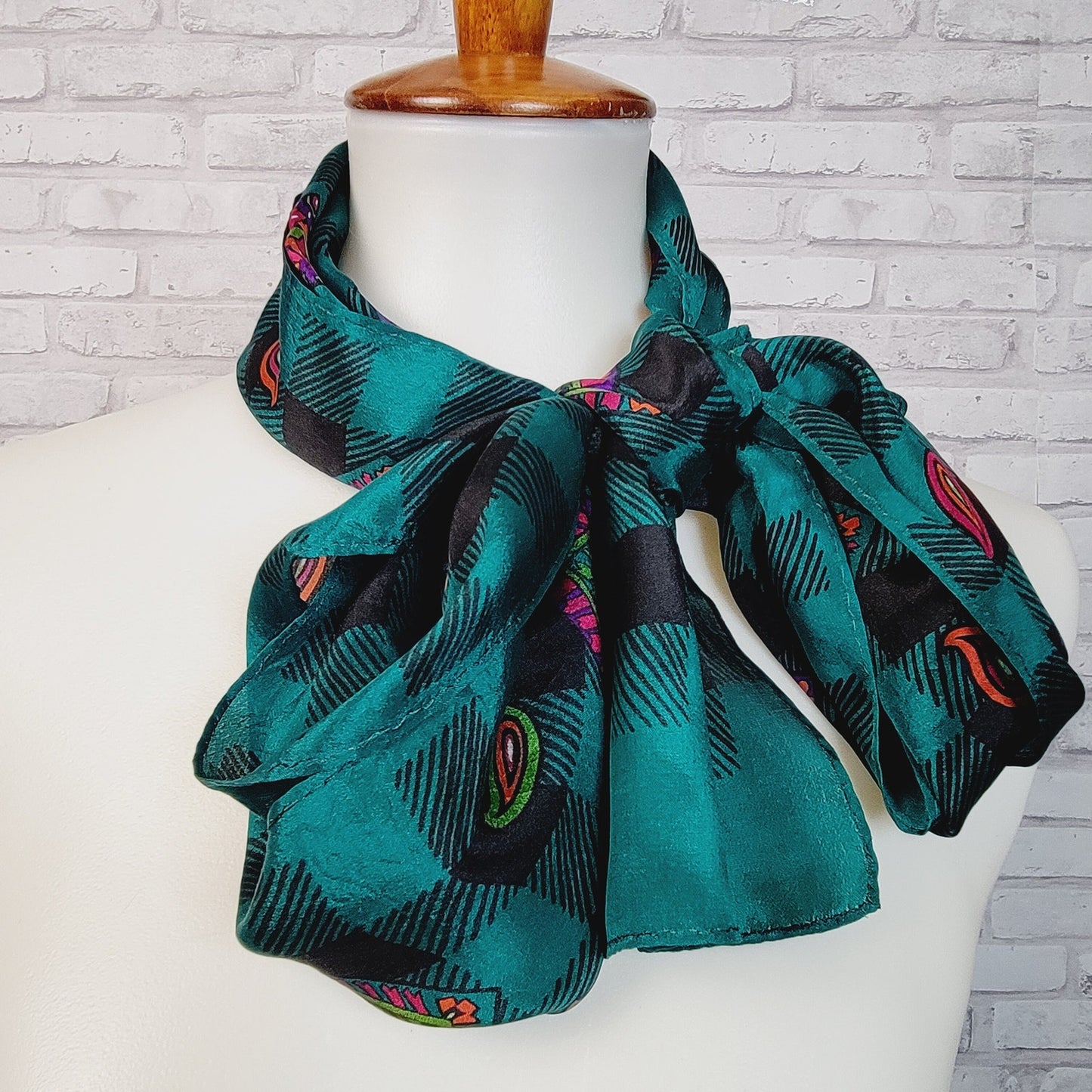1980s silk scarf vivid teal and black check with pink purple paisley, long rectangular retro style