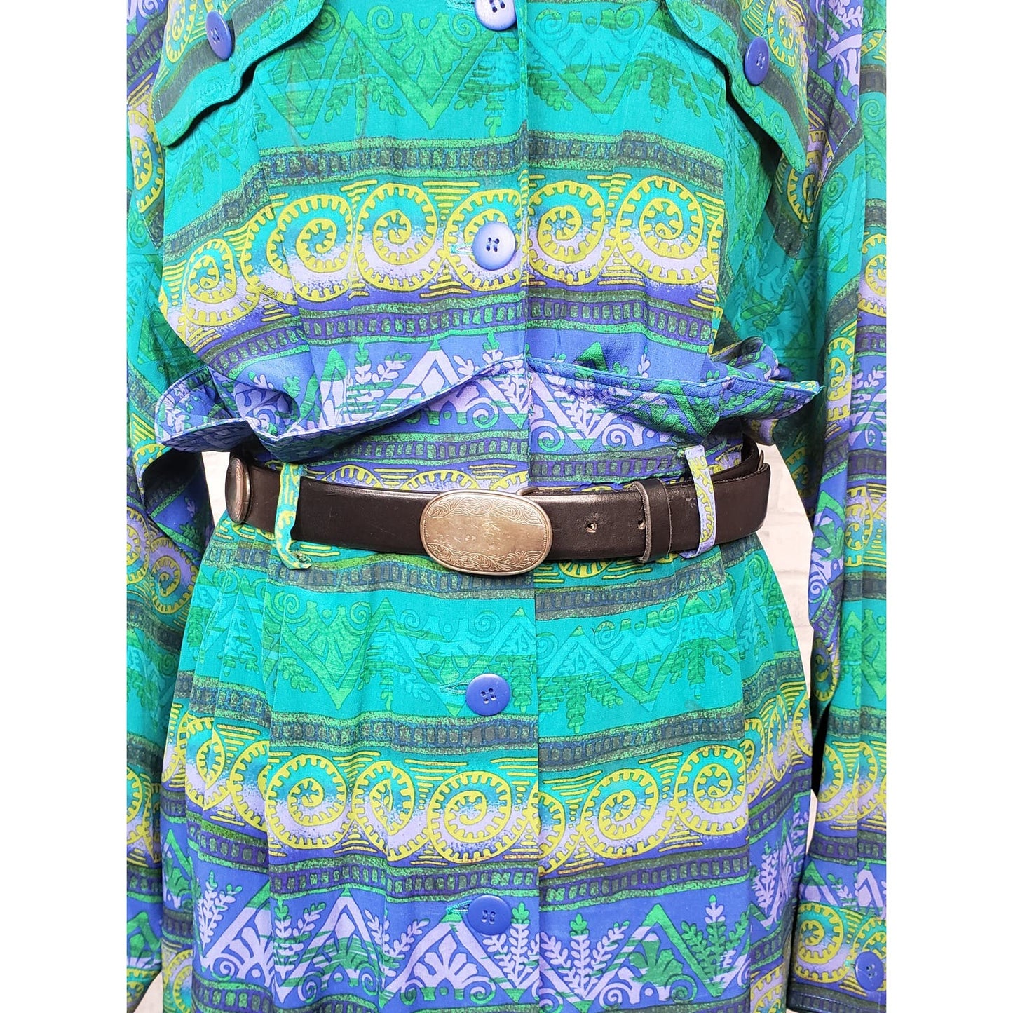 Silk shirt dress with paper-bag waist size 14 teal blue, green and purple, black Italian leather belt included,
