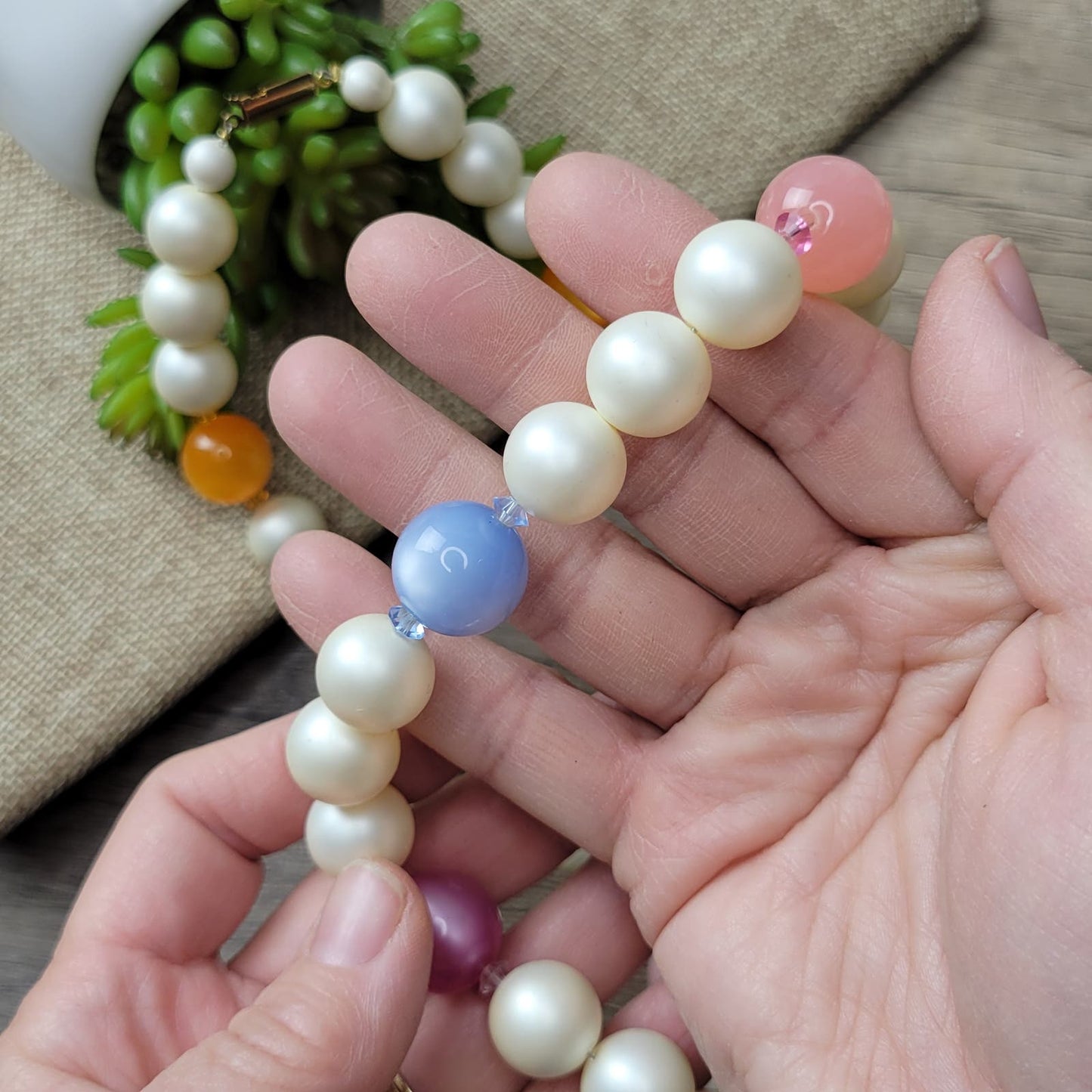 Vintage pastels moonglow lucite faux pearl and crystal necklace, 1960s deadstock jewelry