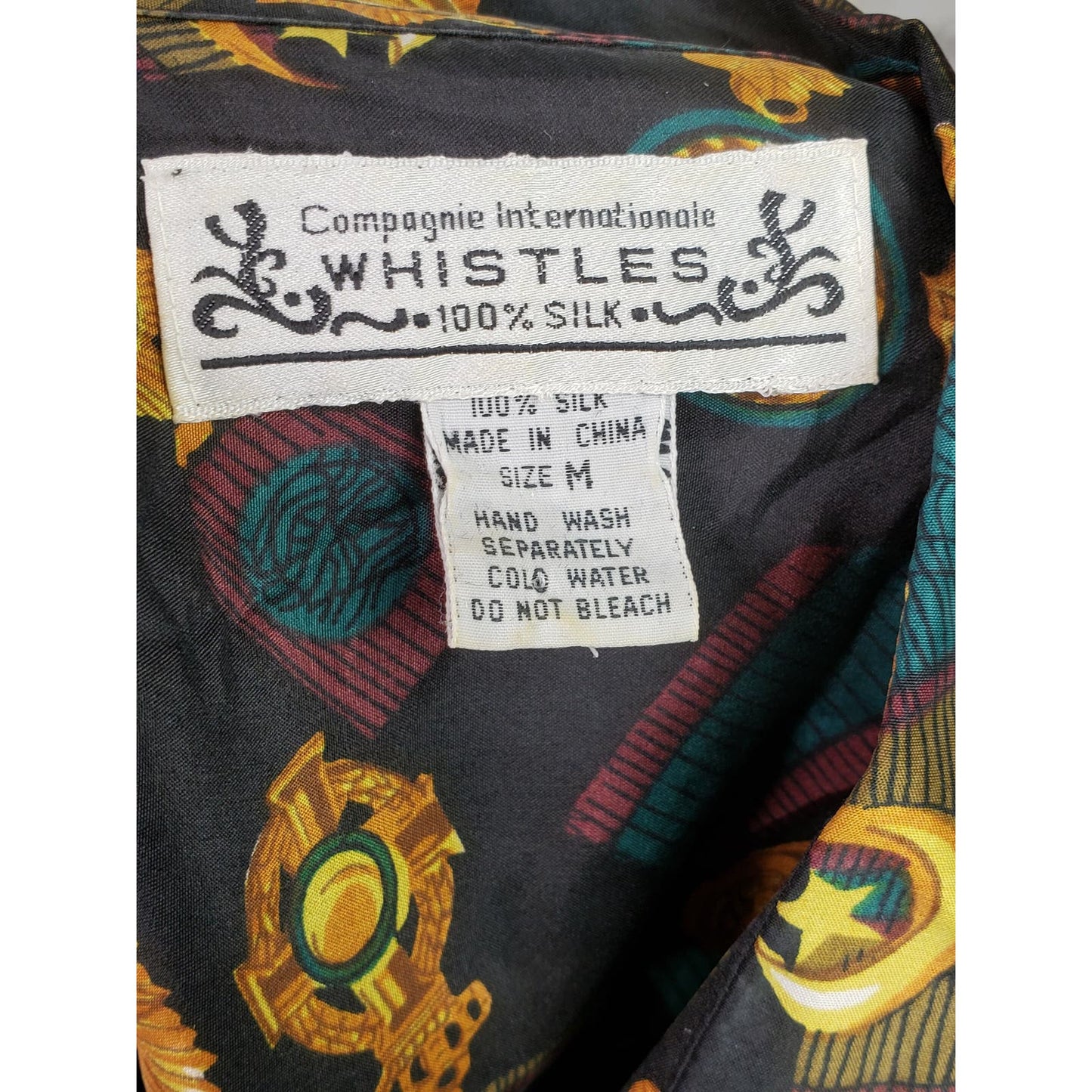 80s blouse size Medium baroque medals and ribbons silk print, vintage navy blue loose fit button front womens shirt