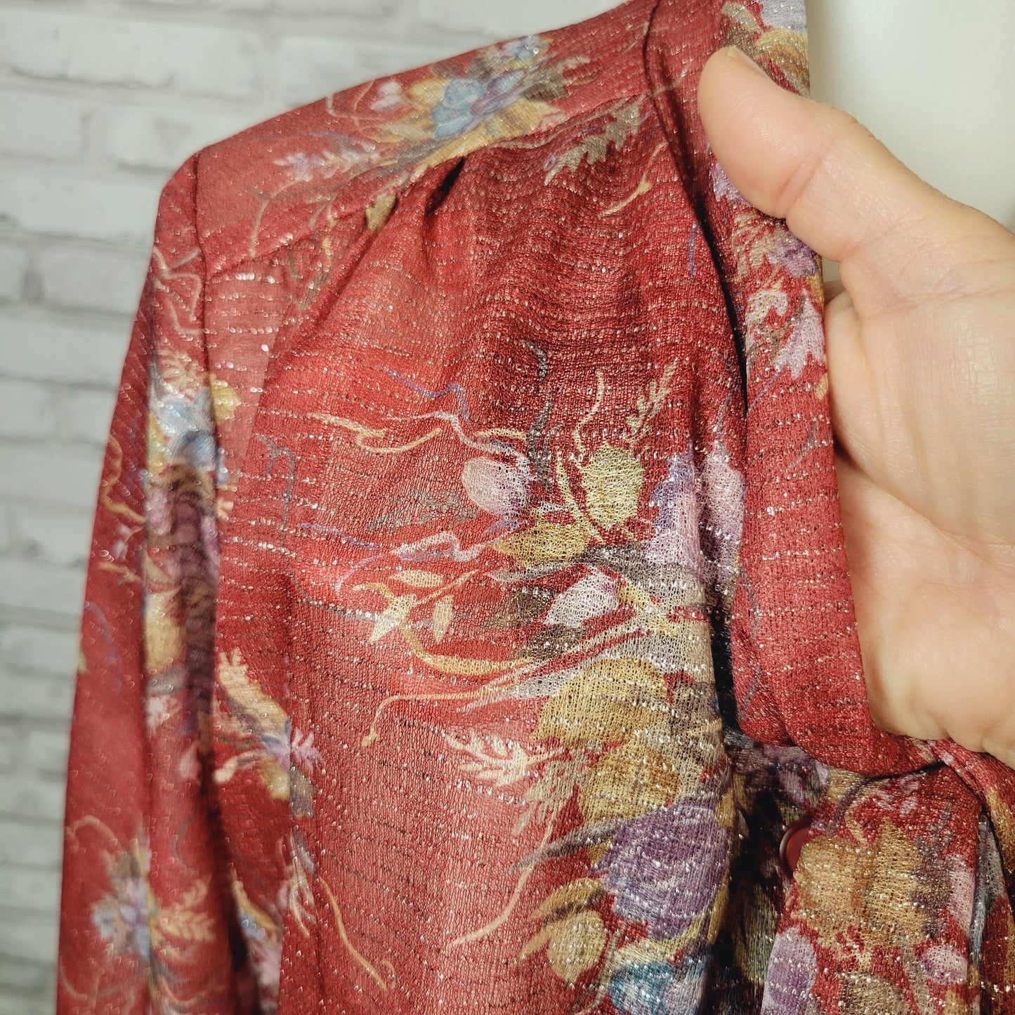 Secretary bow blouse size 14 Prince of Dallas semi-sheer rust floral 1970s vintage