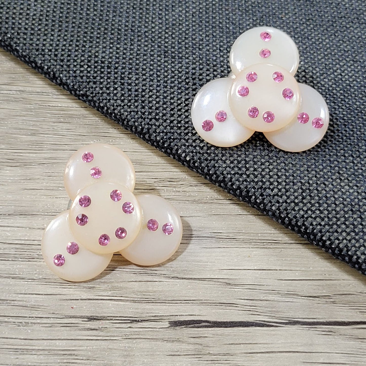 Pink moonglow lucite clip-on earrings with rhinestones, vintage 1960s estate jewelry