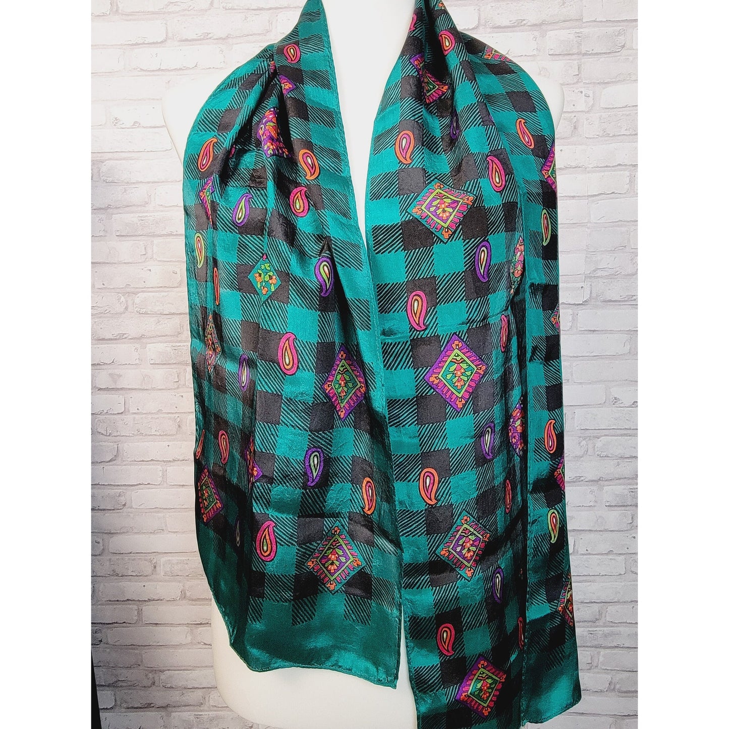 1980s silk scarf vivid teal and black check with pink purple paisley, long rectangular retro style
