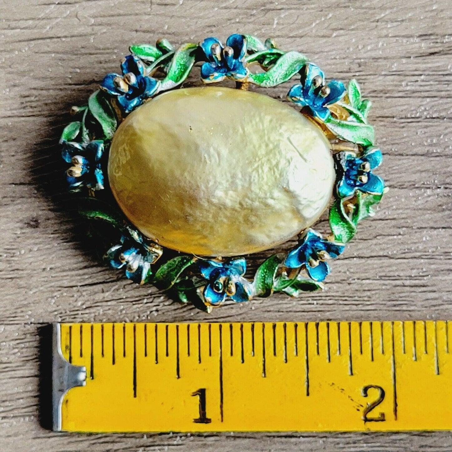 Vintage ART signed oval brooch faux baroque pearl and blue enamel flowers