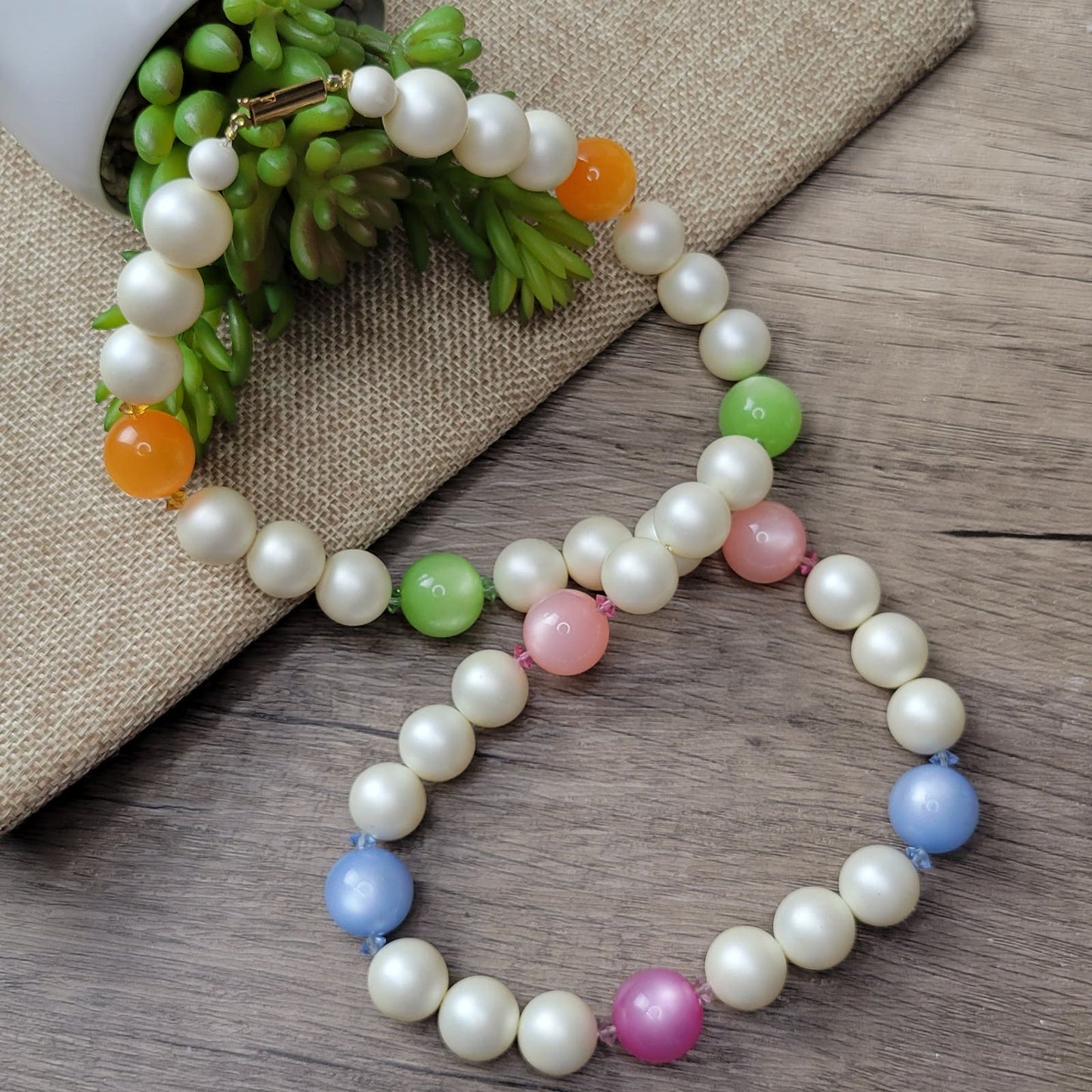 Vintage pastels moonglow lucite faux pearl and crystal necklace, 1960s deadstock jewelry