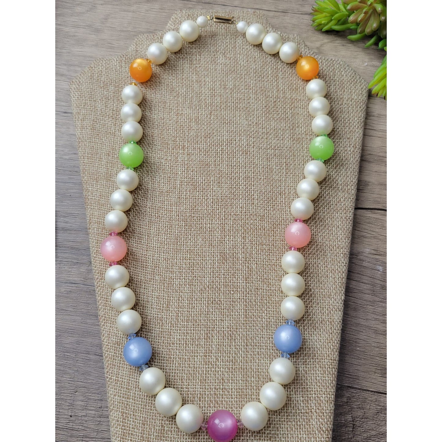 Vintage pastels moonglow lucite faux pearl and crystal necklace, 1960s deadstock jewelry