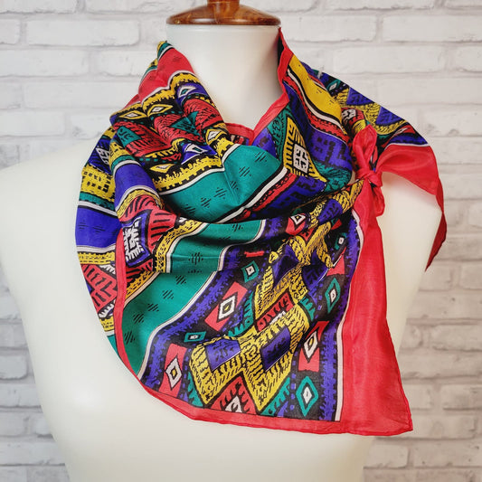 Oblong silk scarf, bright Southwest geometric pattern, vintage 1980s retro style