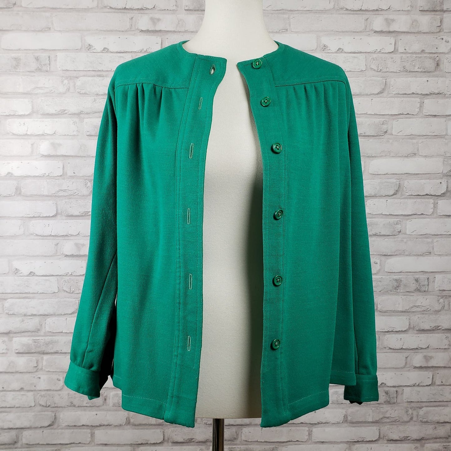 Swing jacket or shacket emerald green wool blend jersey knit, 38-inch bust Joan Leslie for Kasper 1970s