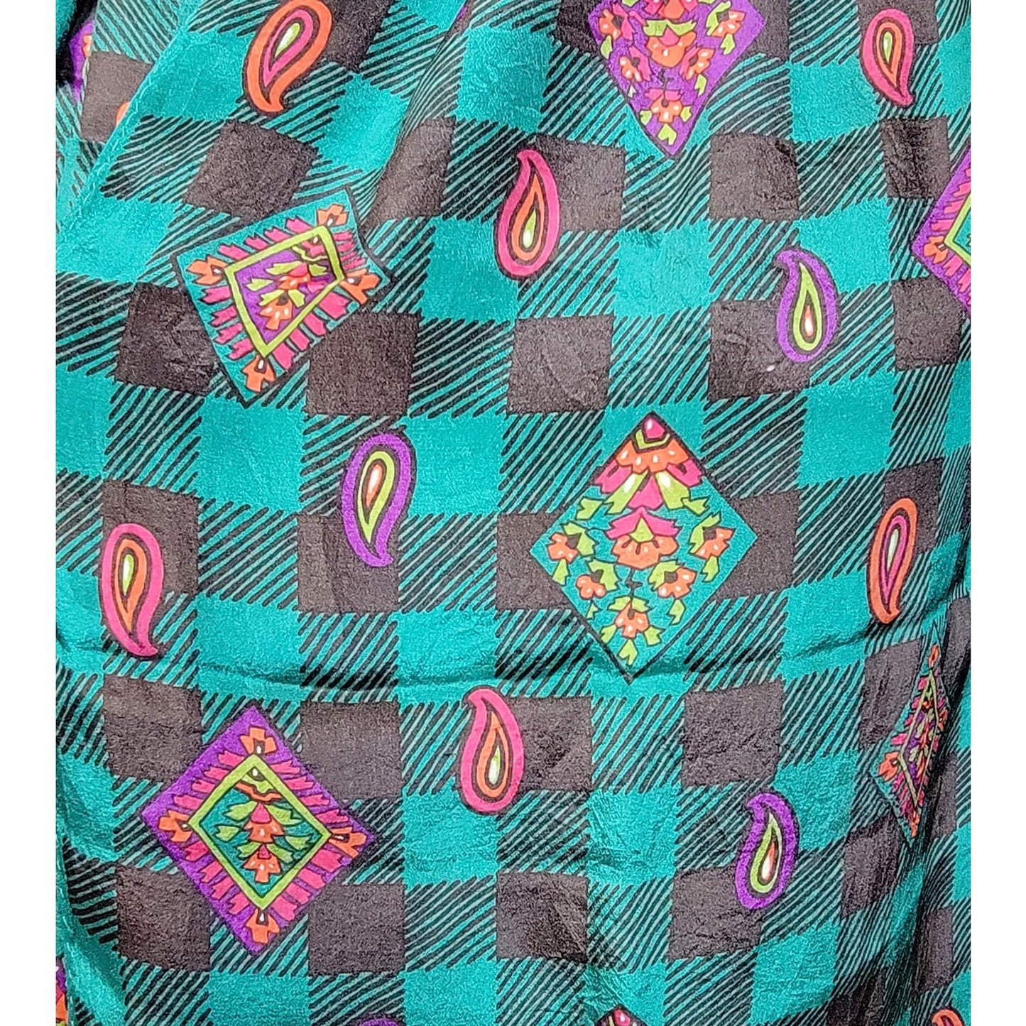 1980s silk scarf vivid teal and black check with pink purple paisley, long rectangular retro style