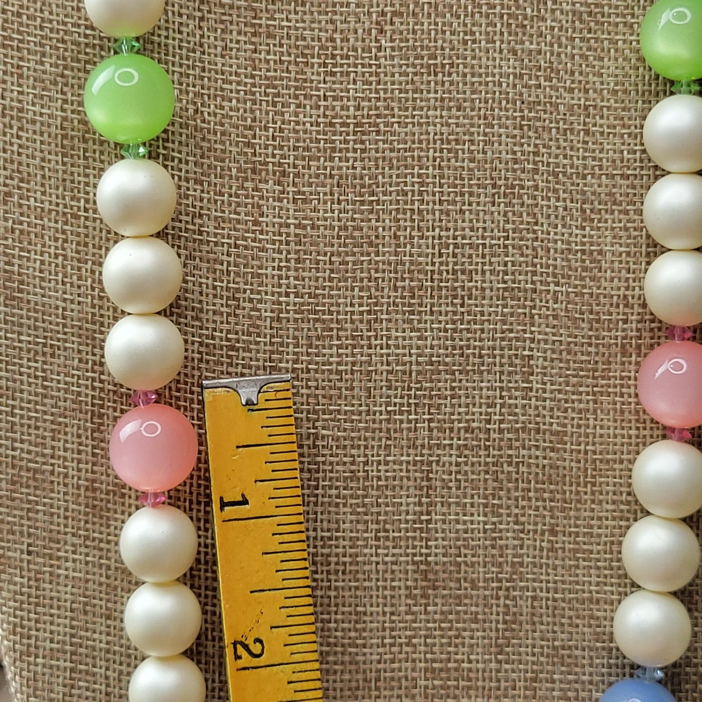 Vintage pastels moonglow lucite faux pearl and crystal necklace, 1960s deadstock jewelry