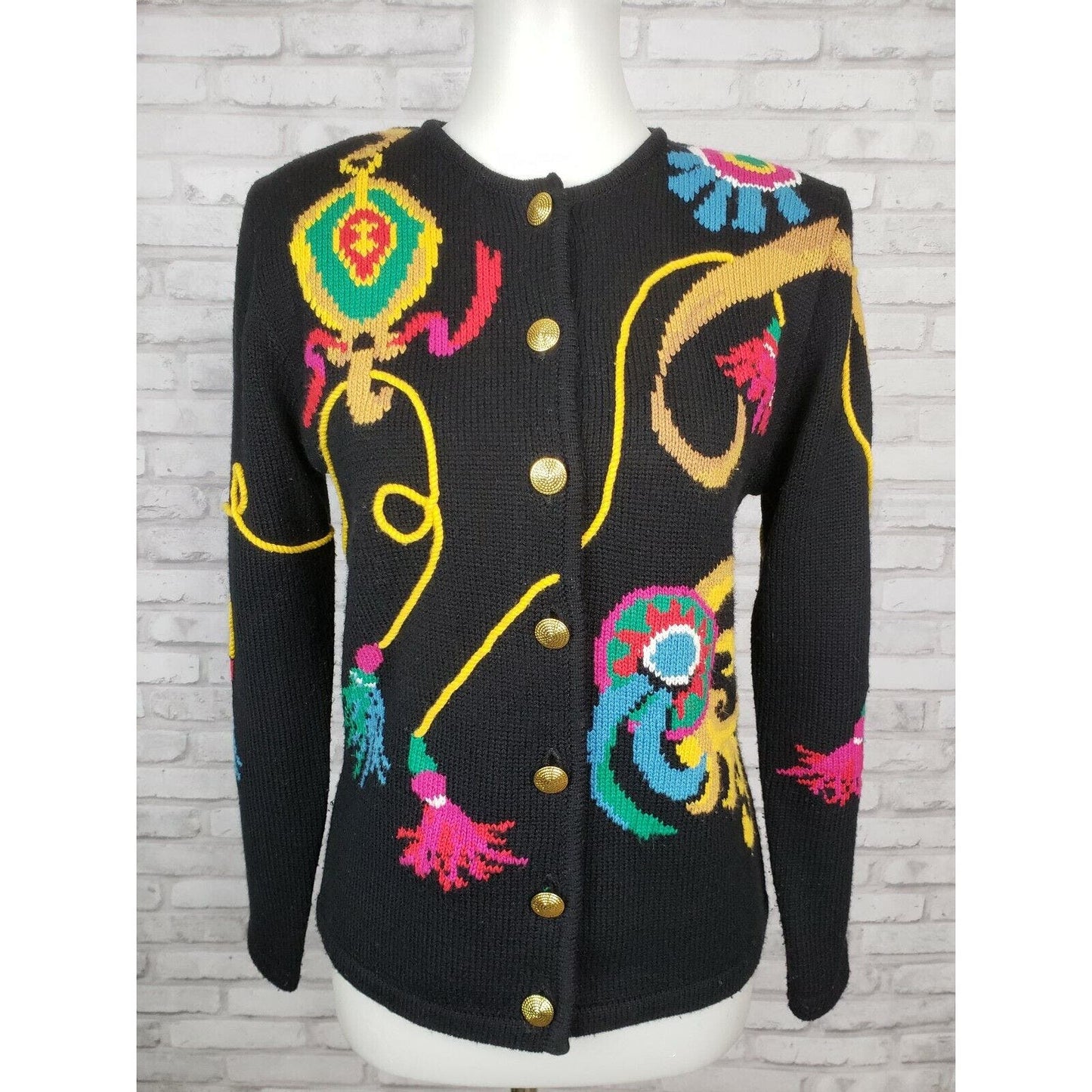 Susan Bristol cardigan sweater equestrian bridle brass size Small vintage 1992