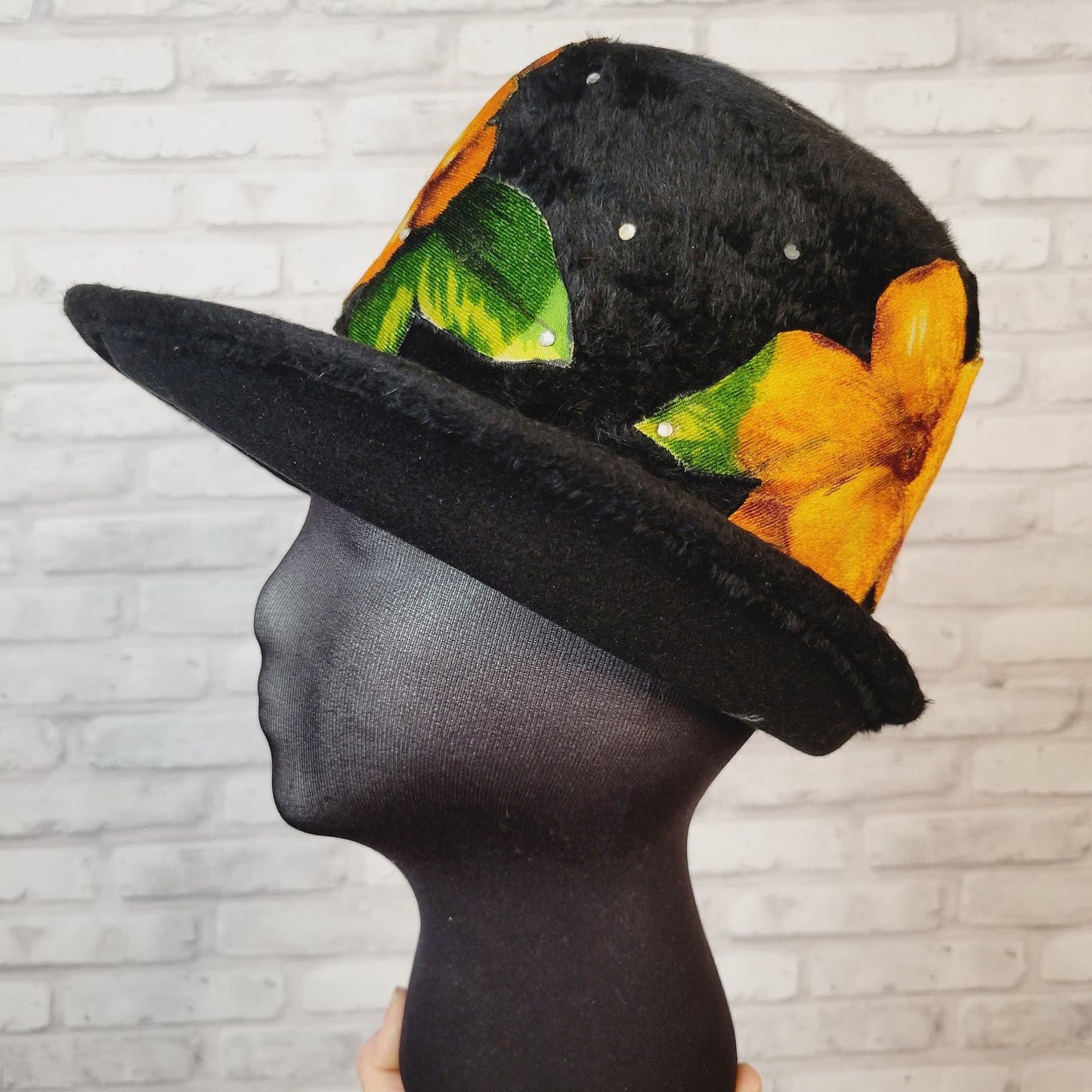 1960s women's hat, black plush with gold velour flower appliques and rhinestones, 22 inches