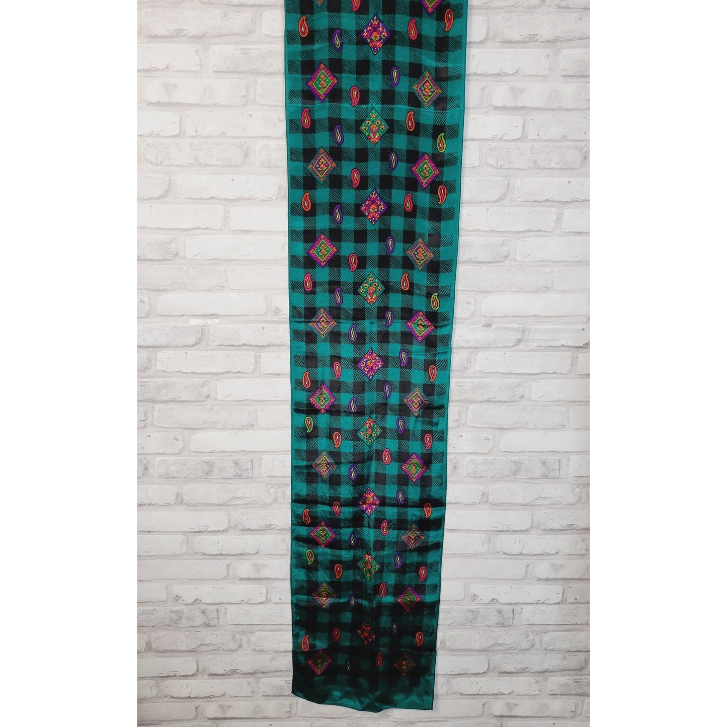 1980s silk scarf vivid teal and black check with pink purple paisley, long rectangular retro style
