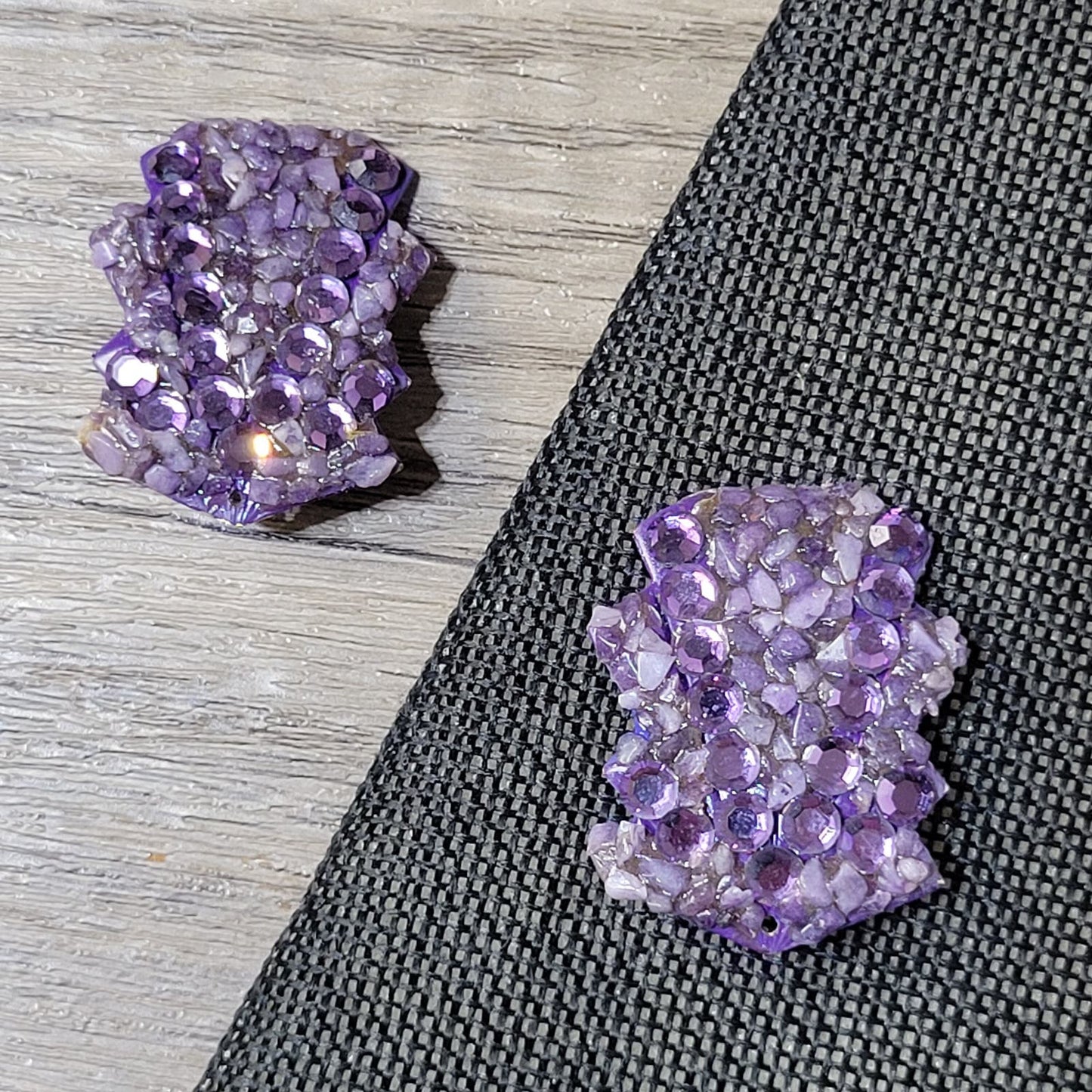 1980s Art Deco revival jeweled pierced earrings, amethyst stone chips and purple acrylic,
