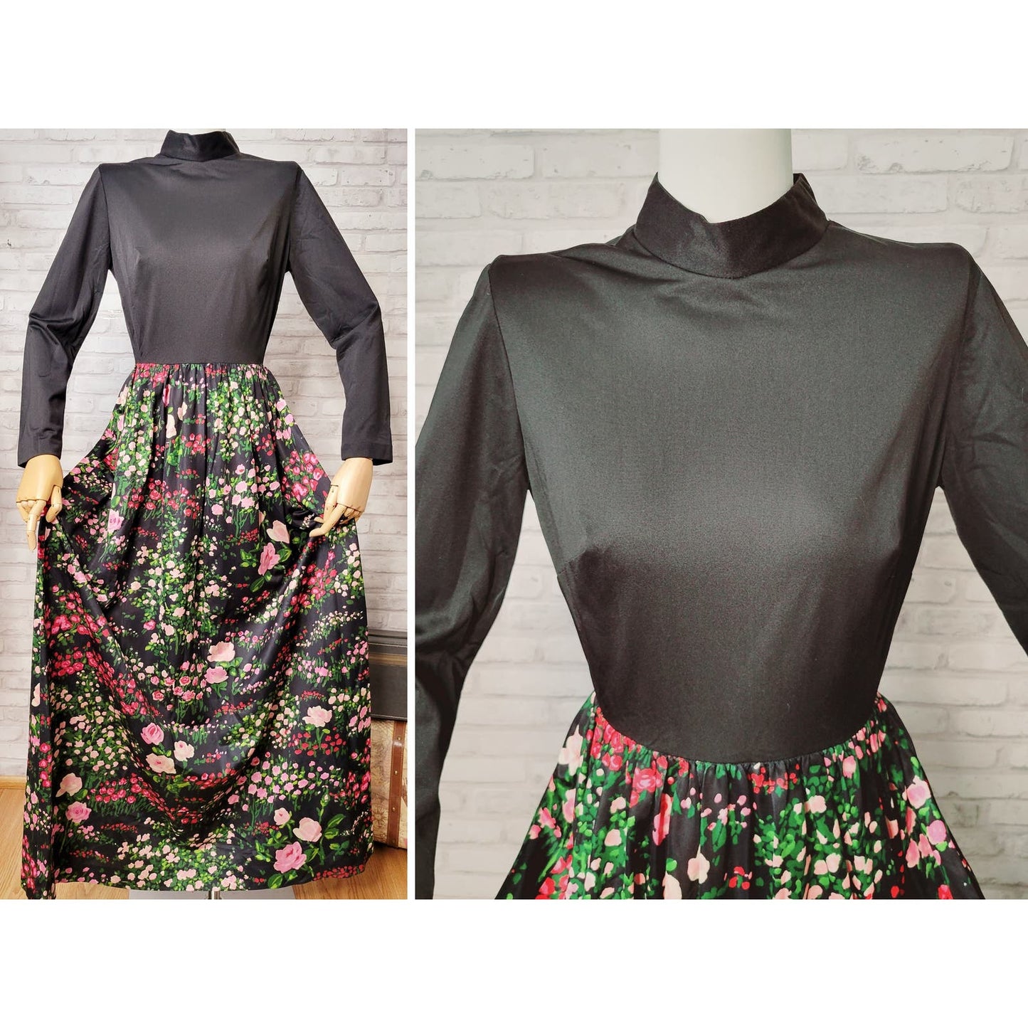 Miss Eileen 1970s nylon maxi dress, mod black floral, long gown, hostess lounge dress, size 8