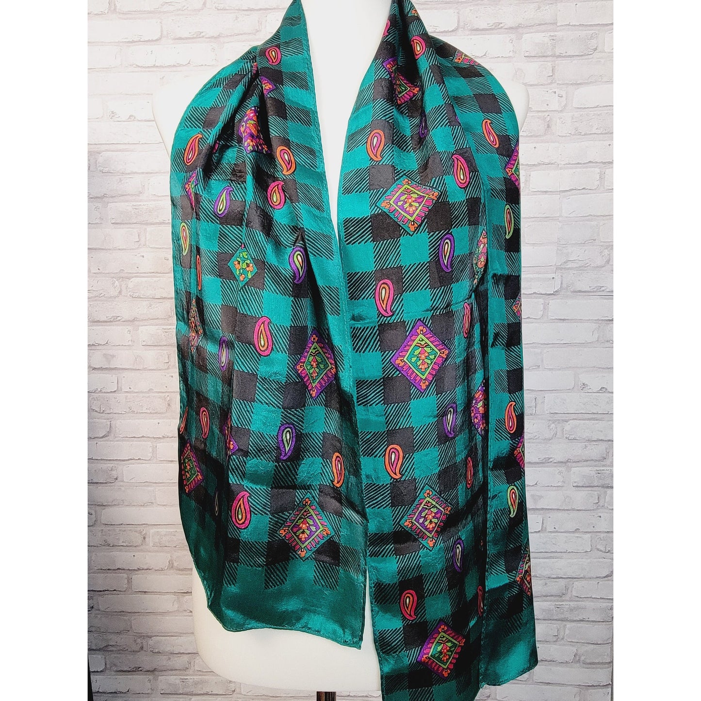 1980s silk scarf vivid teal and black check with pink purple paisley, long rectangular retro style