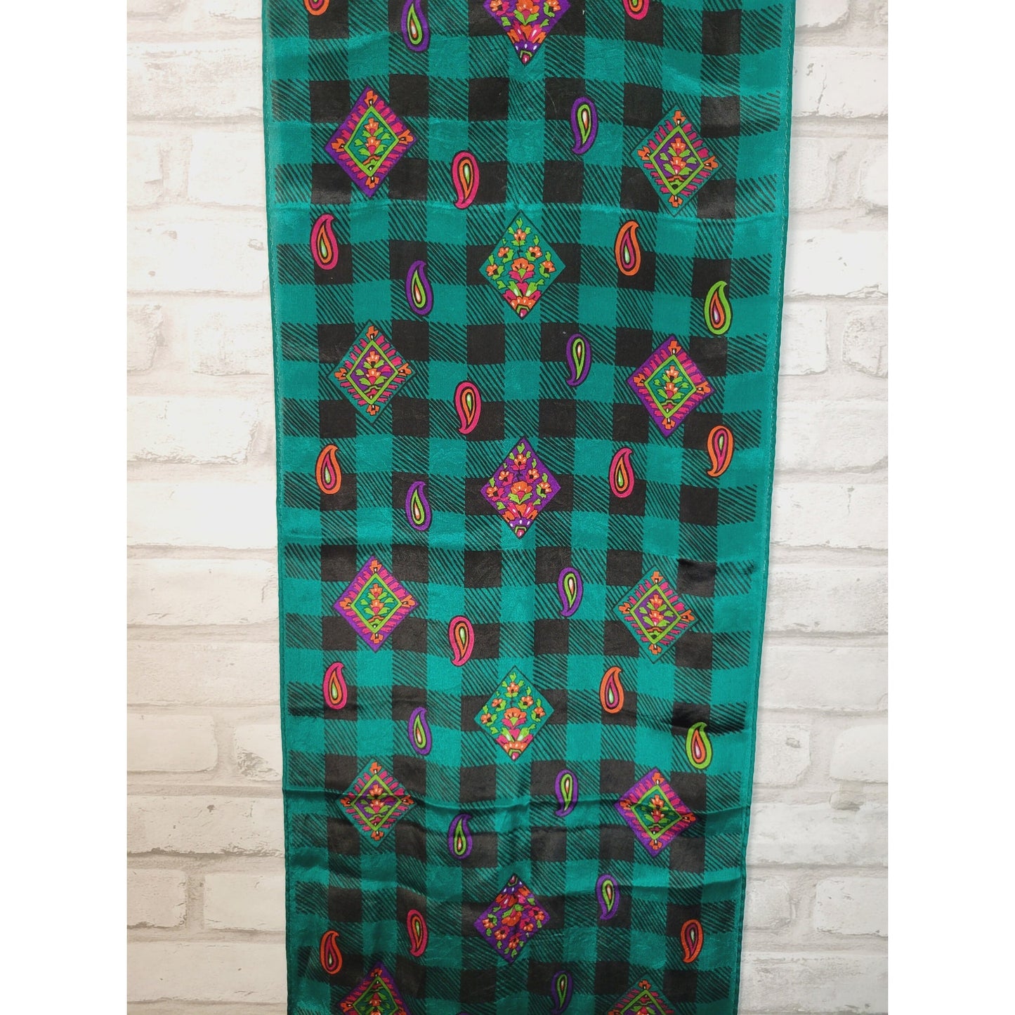 1980s silk scarf vivid teal and black check with pink purple paisley, long rectangular retro style