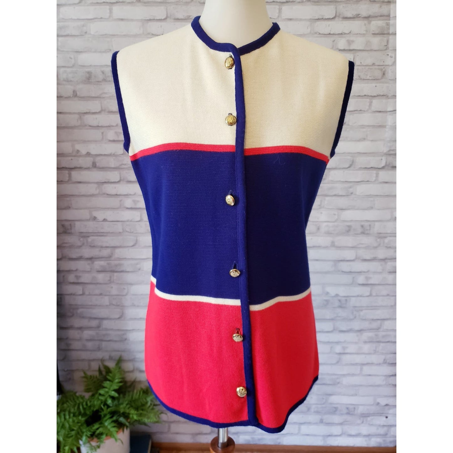 Vintage knit vest button front red white and blue colorblock, 38 bust, 1970s patriotic retro get out the vote