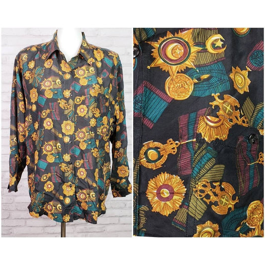 80s blouse size Medium baroque medals and ribbons silk print, vintage navy blue loose fit button front womens shirt