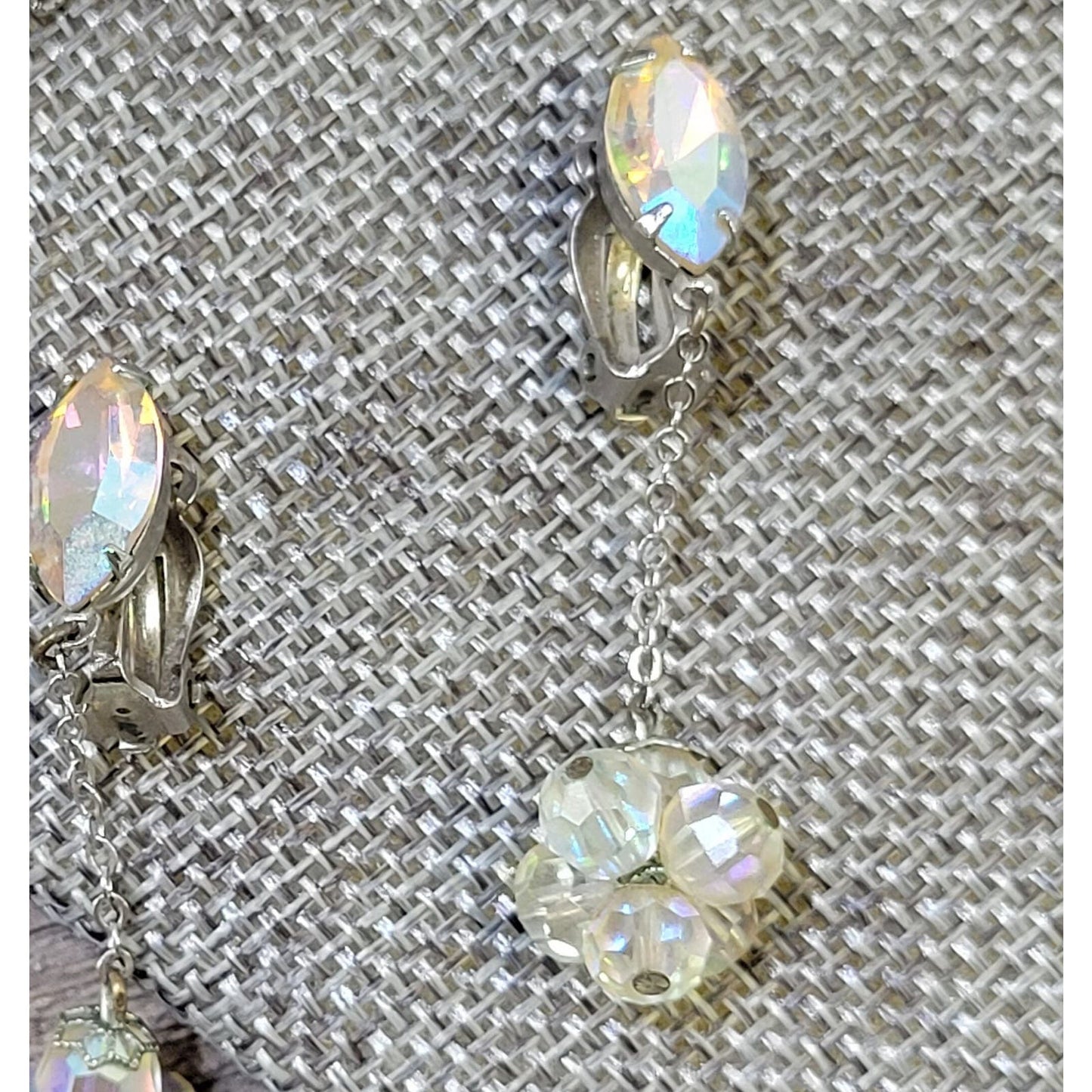 Lewis Segal signed clip-on earrings, aurora borealis crystal dangle drop earrings, vintage 1960s glam