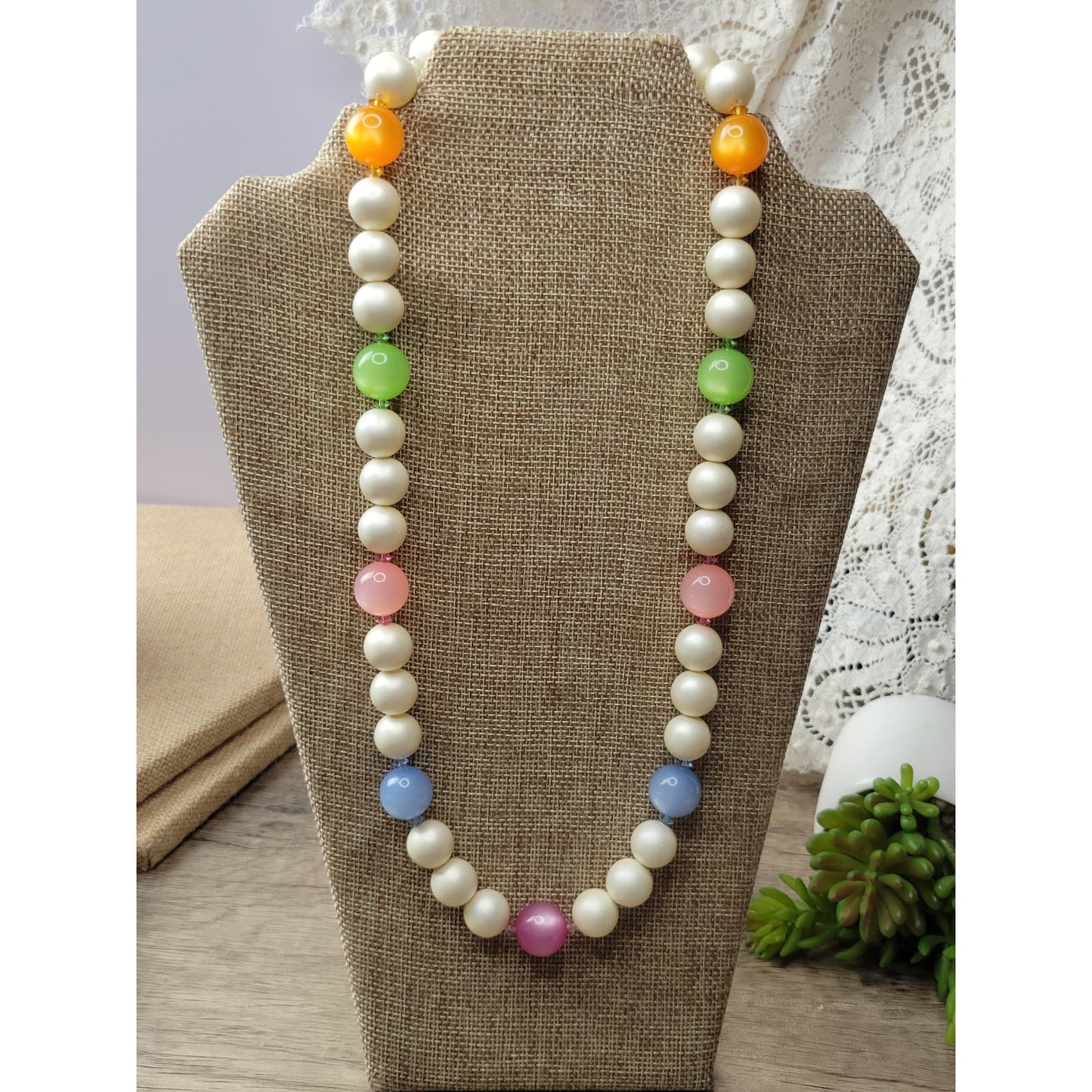Vintage pastels moonglow lucite faux pearl and crystal necklace, 1960s deadstock jewelry